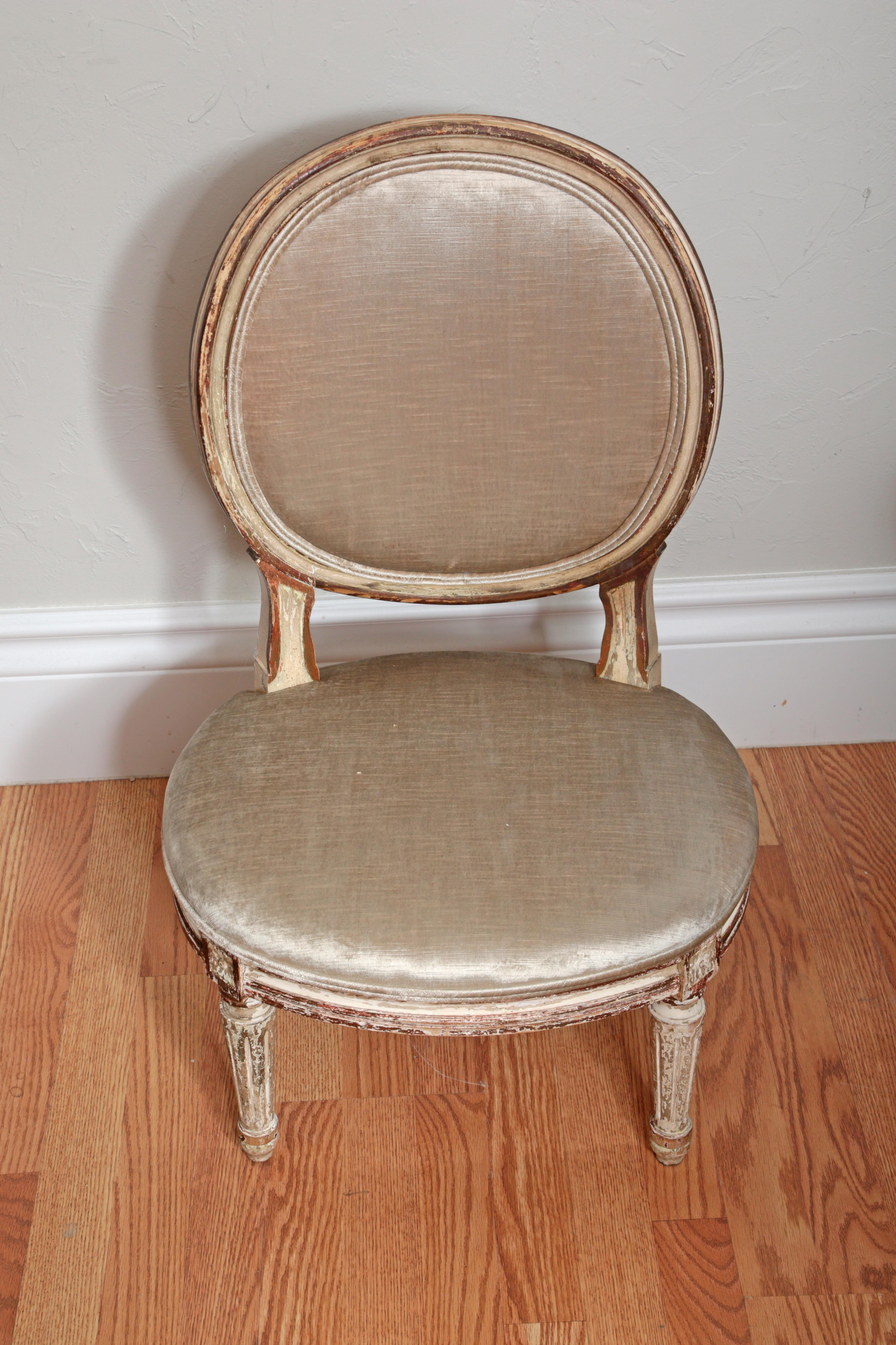 19th century slipper chair newly upholstered in silk velvet with Fortuny fabric on back.