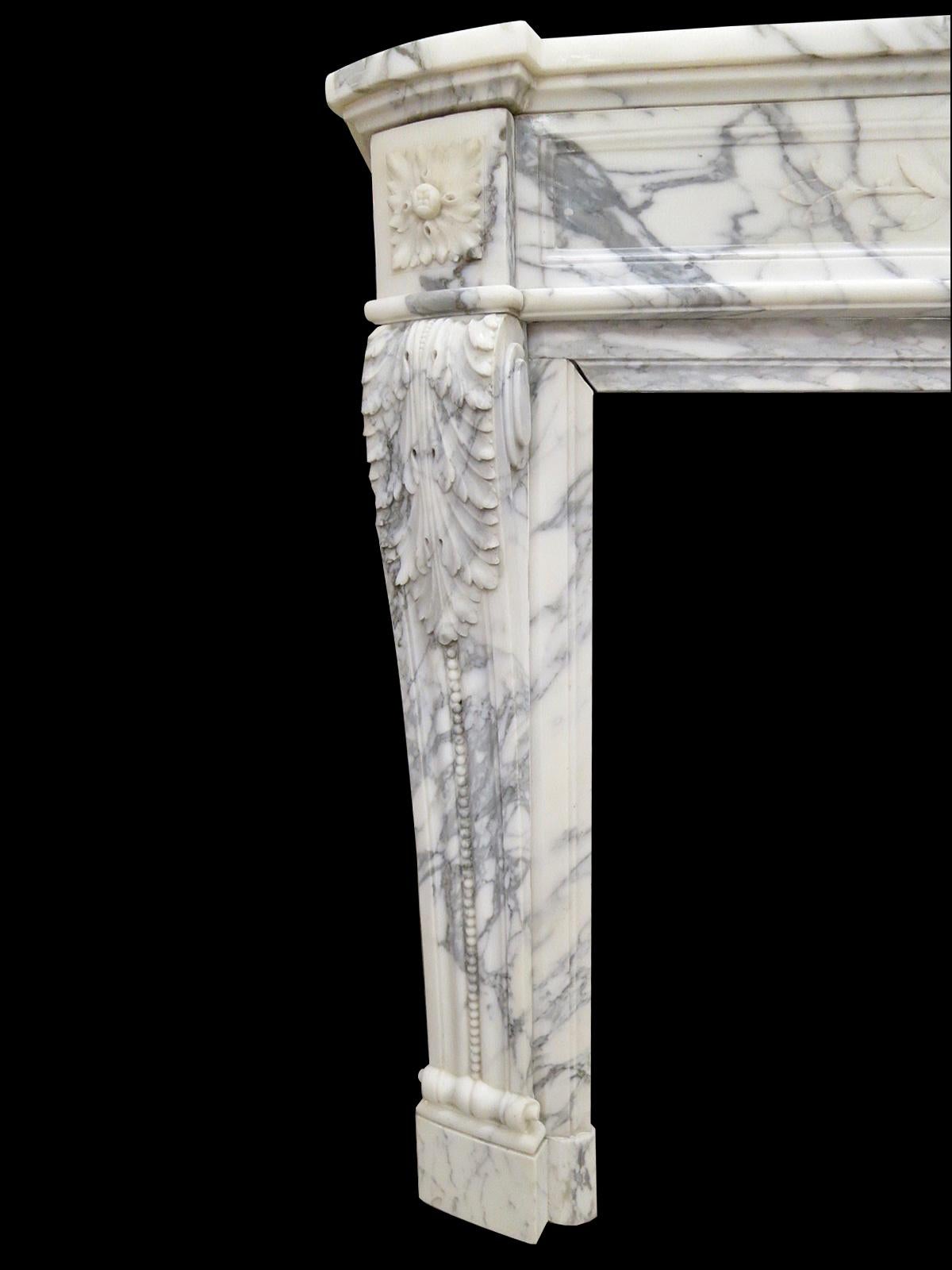 French Antique Louis XVI Style Arabescato Marble Fireplace Mantel