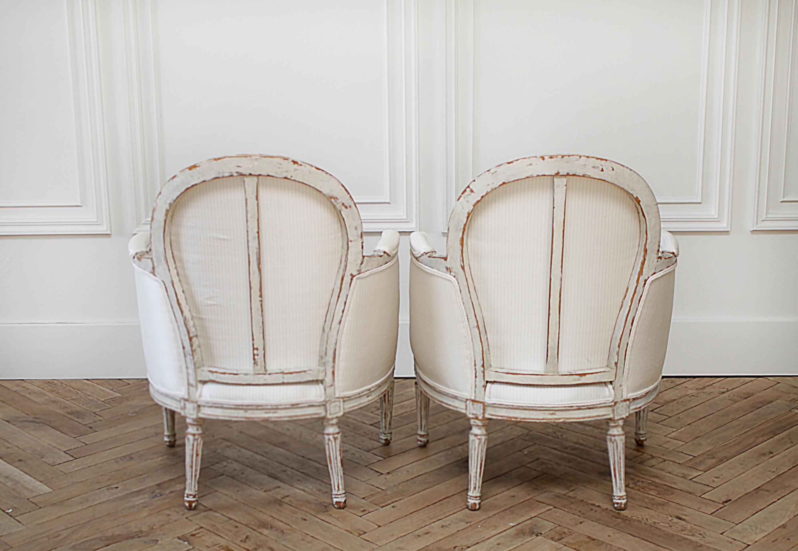 European Antique Louis XVI Style Bergère Chairs in Silk and Linen Upholstery