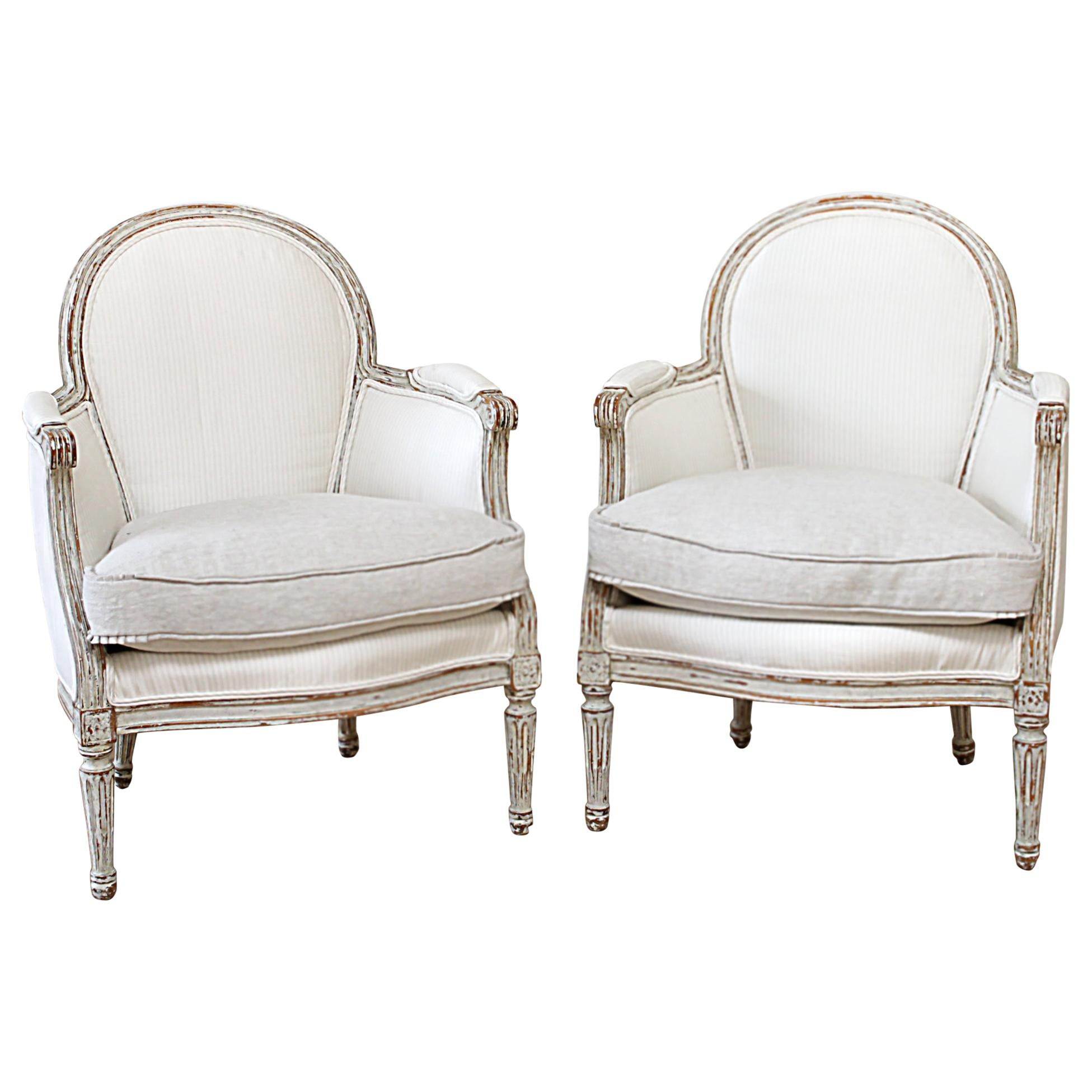 Antique Louis XVI Style Bergère Chairs in Silk and Linen Upholstery