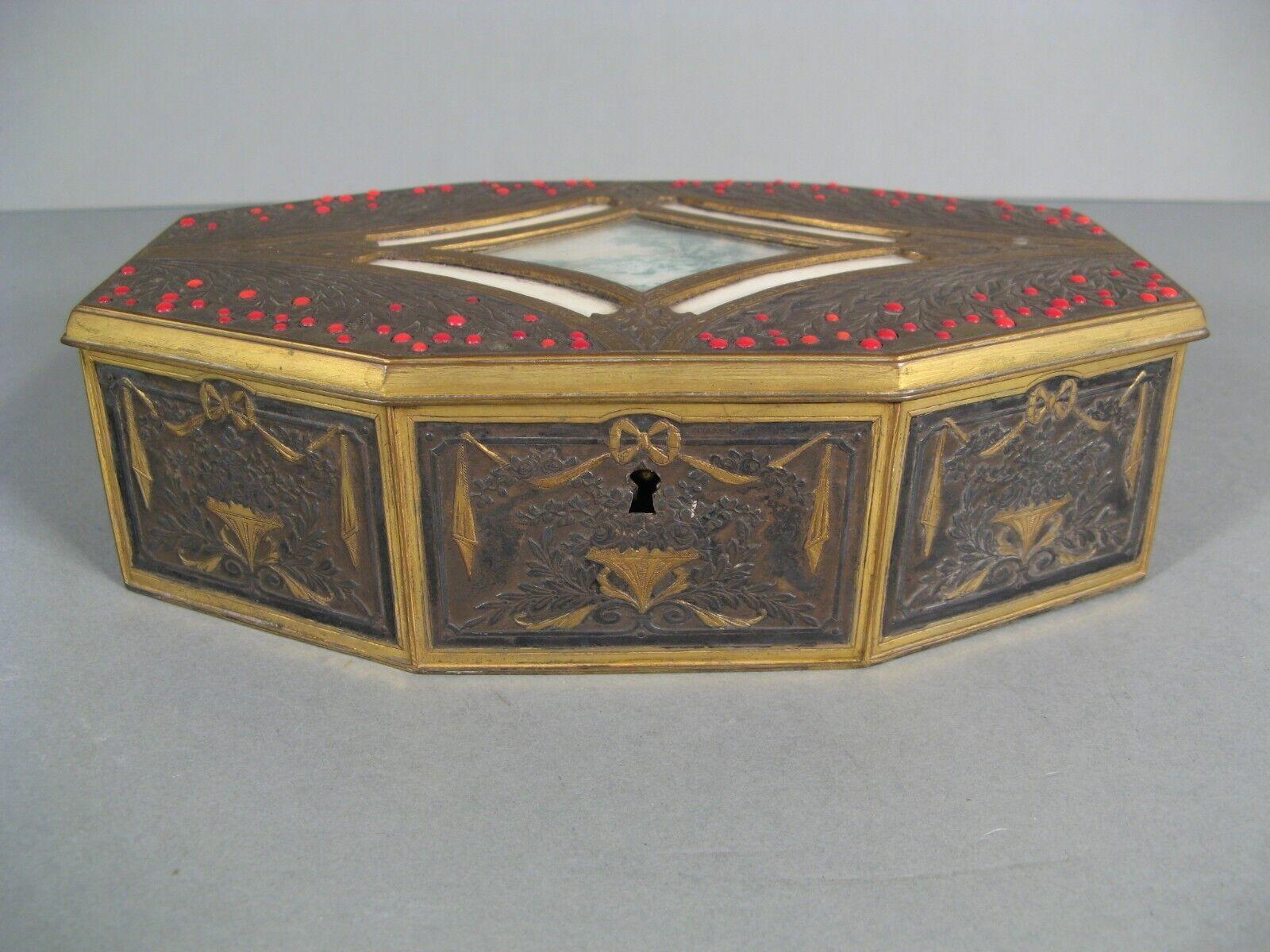 Antique Louis XVI Style Brass Jewelry Box with Holly Decoration - 1Y134 6