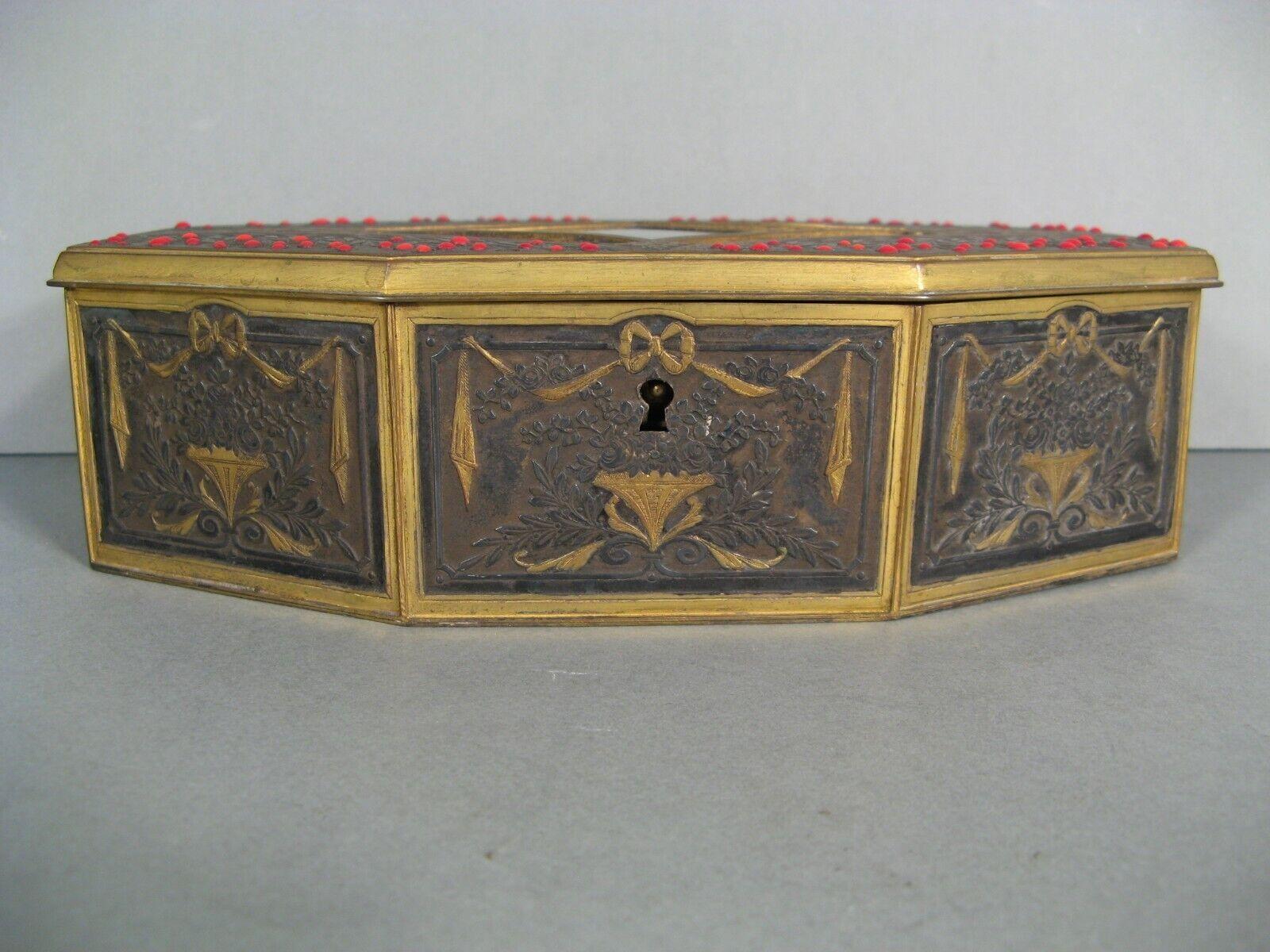 French Antique Louis XVI Style Brass Jewelry Box with Holly Decoration - 1Y134