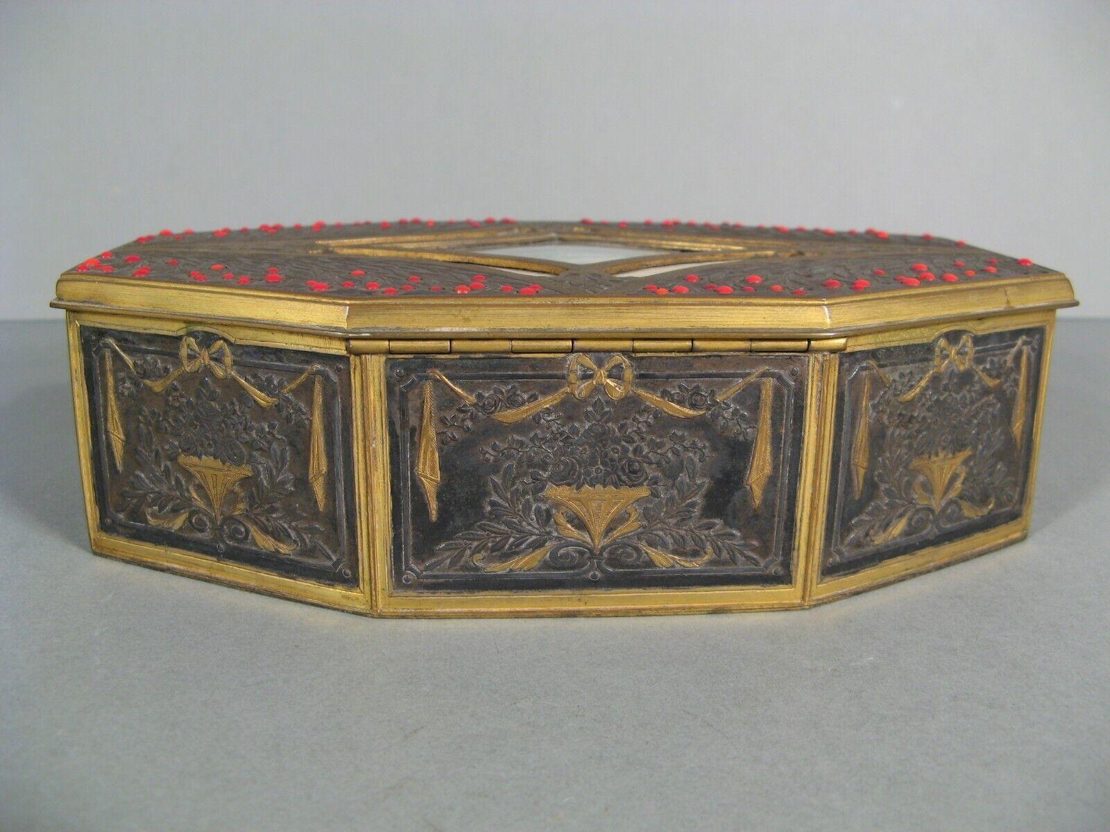 20th Century Antique Louis XVI Style Brass Jewelry Box with Holly Decoration - 1Y134