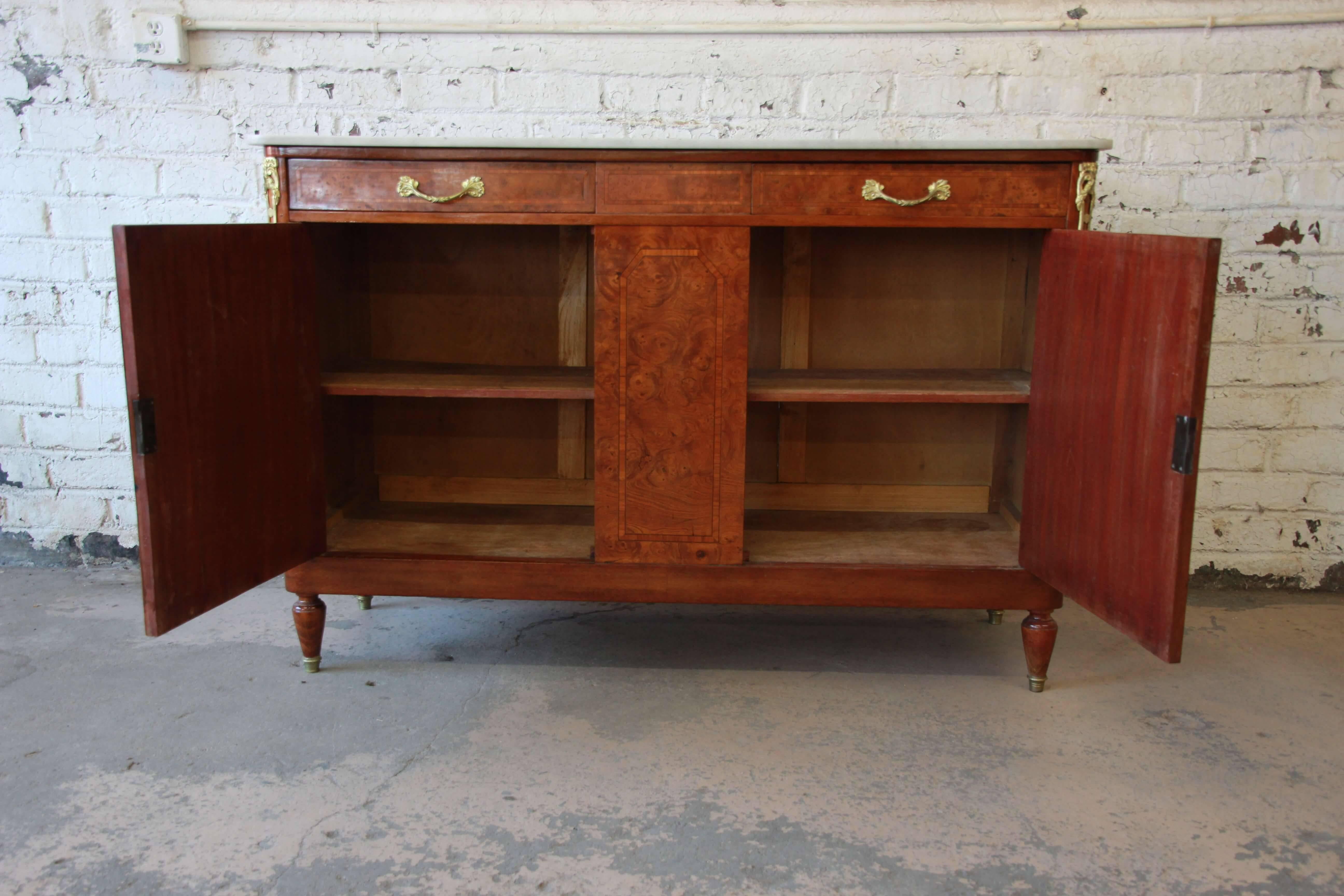 Antique Louis XVI Style Burl Wood Marble-Top Sideboard Credenza In Good Condition In South Bend, IN