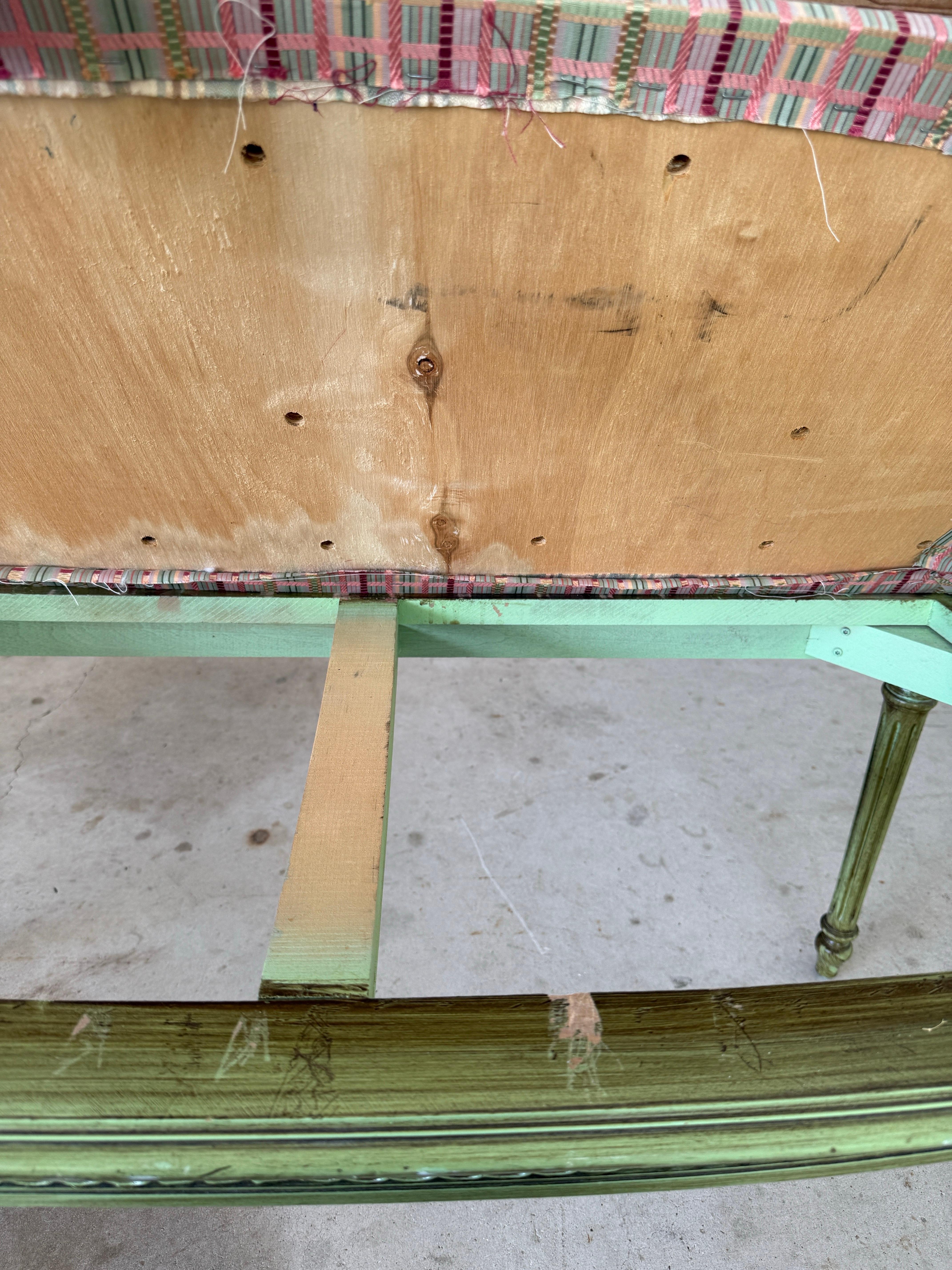 Antique Louis XVI Style Caned Settee With Distressed Green Painted Finish For Sale 2