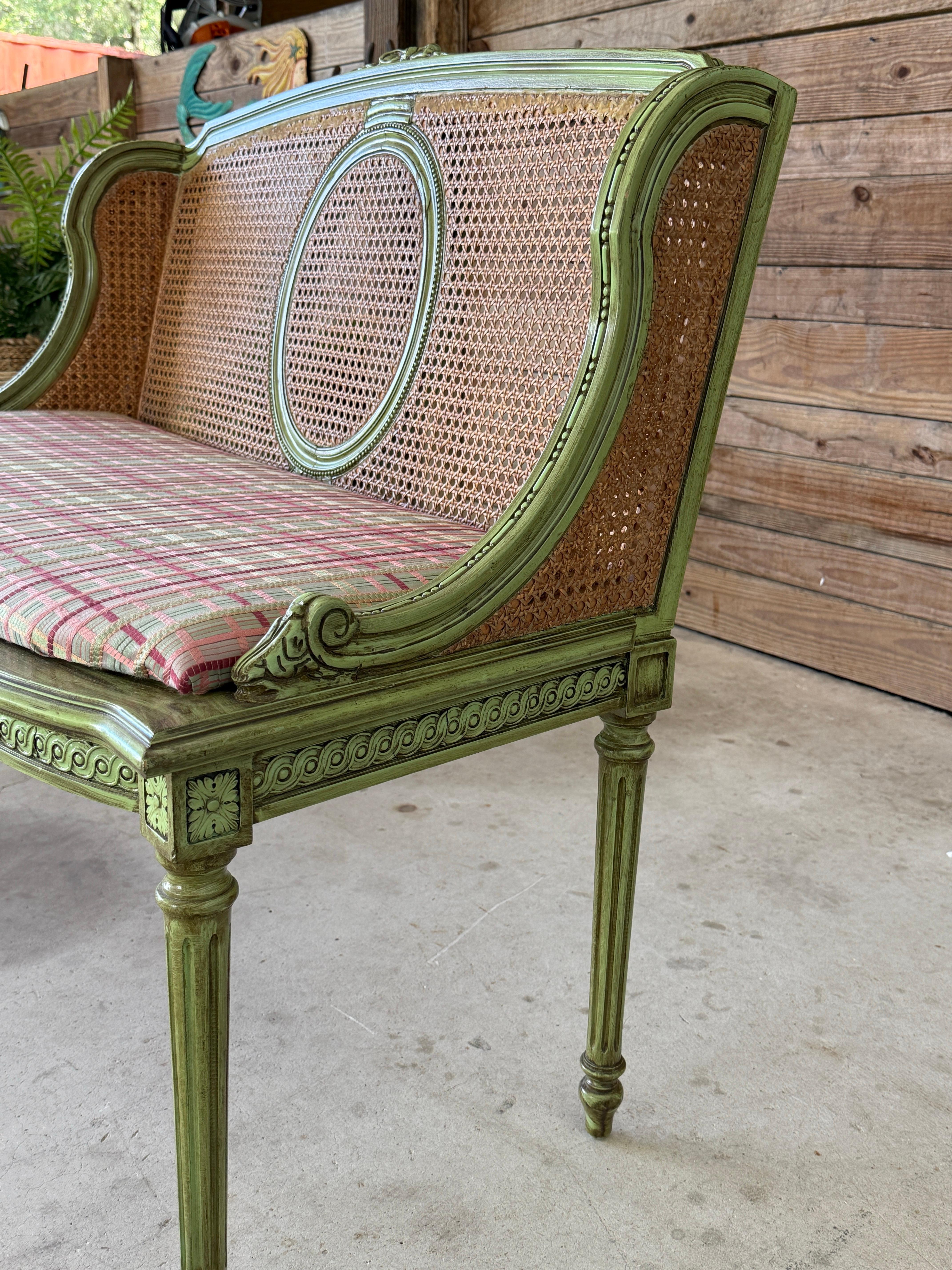 Antique Louis XVI Style Caned Settee With Distressed Green Painted Finish For Sale 3
