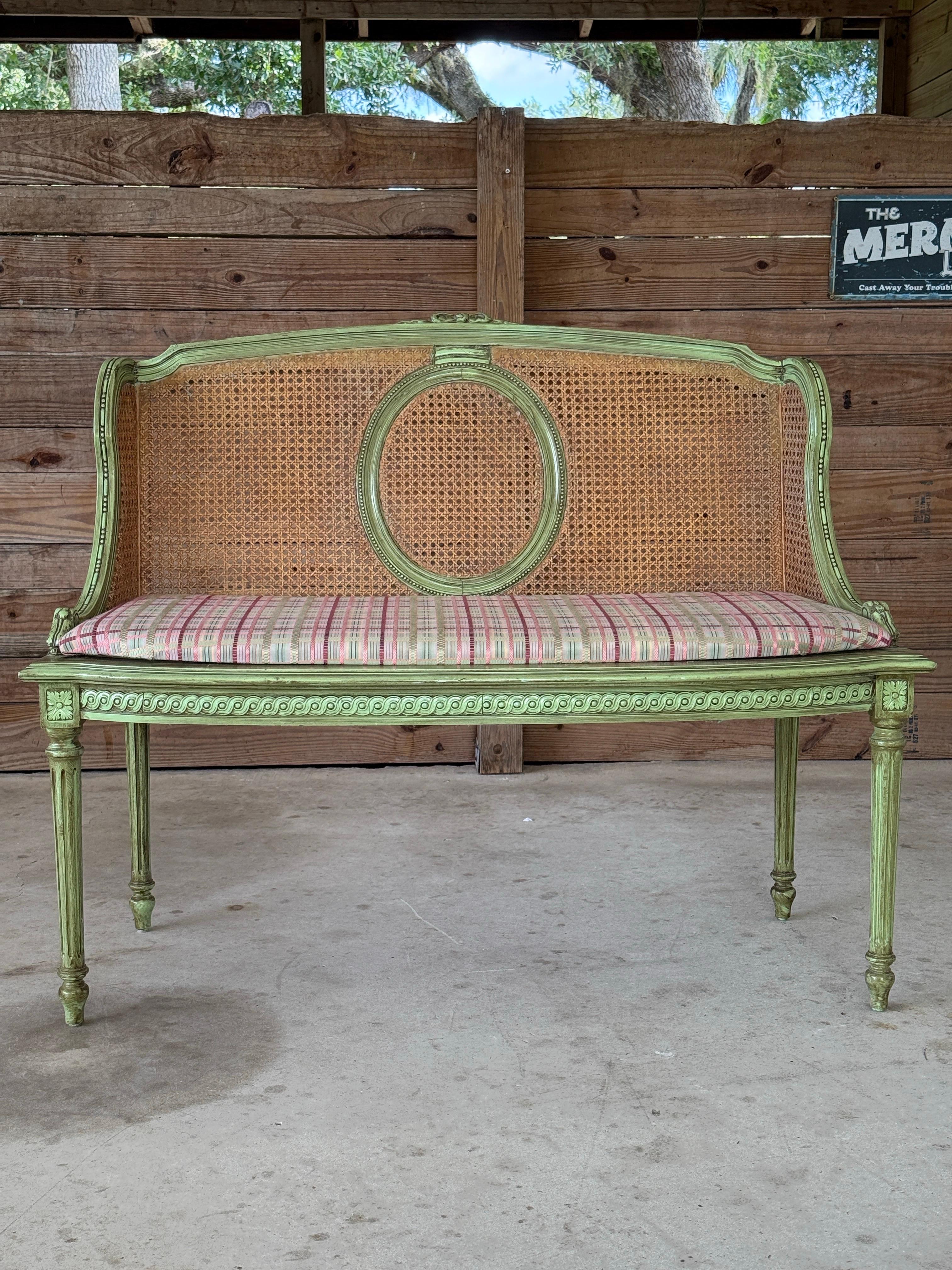 Antique Louis XVI Style Caned Settee With Distressed Green Painted Finish For Sale 4
