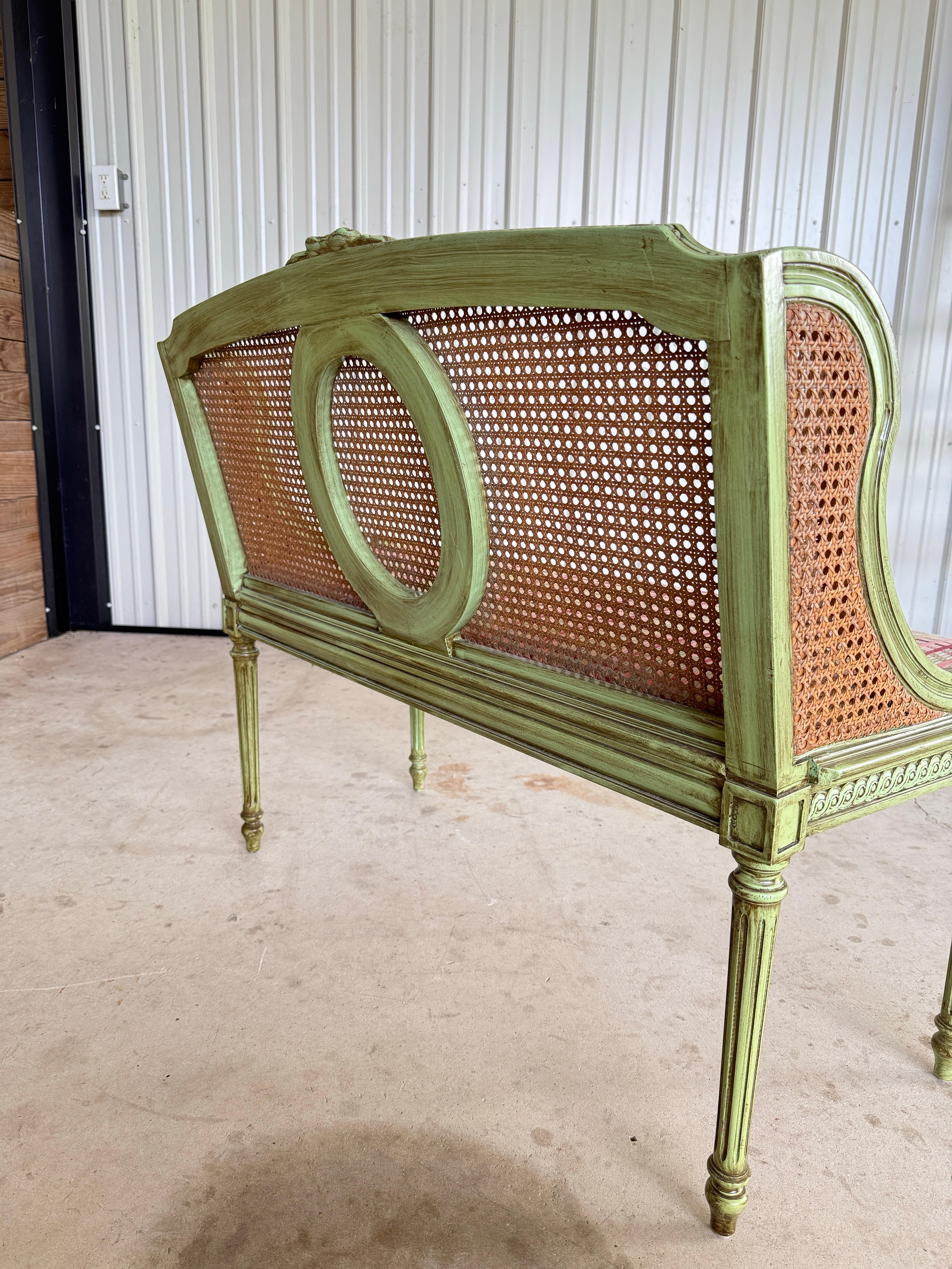 Antique Louis XVI Style Caned Settee With Distressed Green Painted Finish For Sale 5