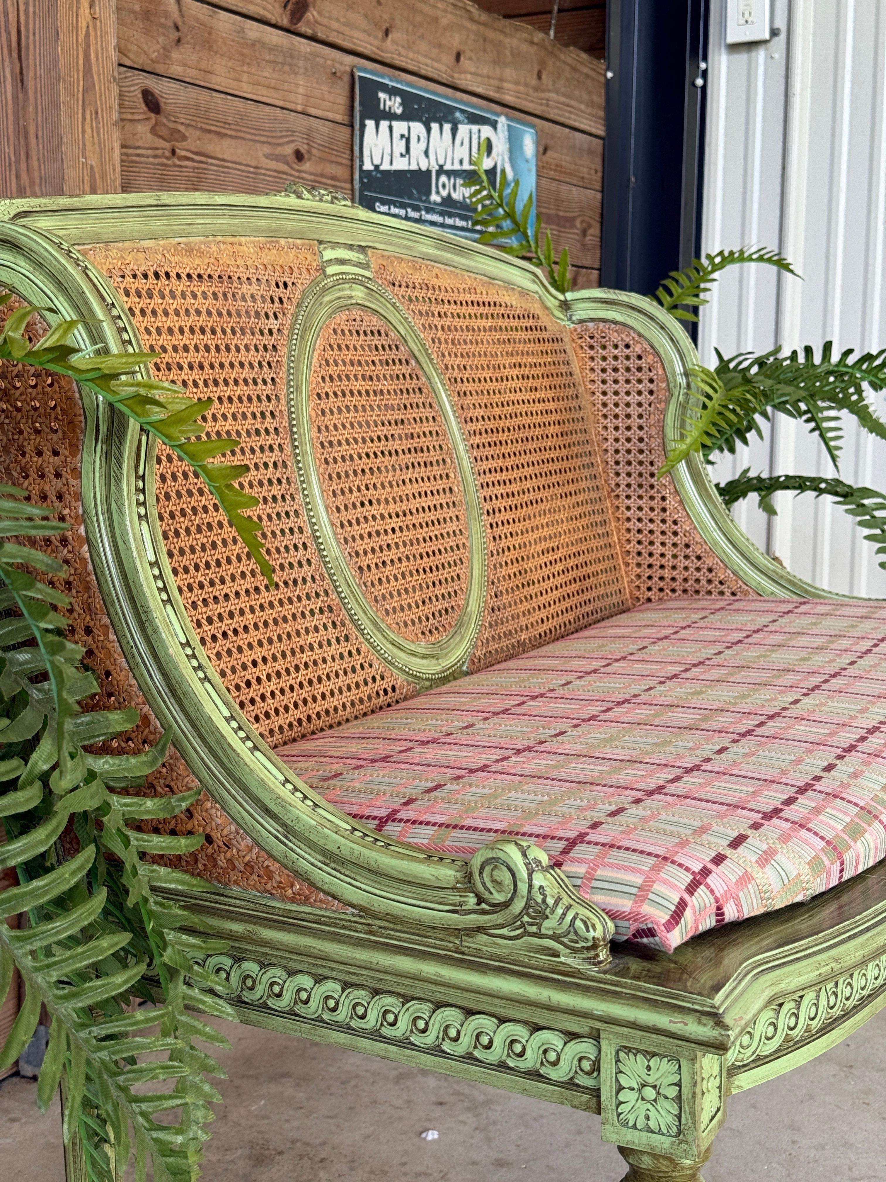 Antique Louis XVI Style Caned Settee With Distressed Green Painted Finish For Sale 7