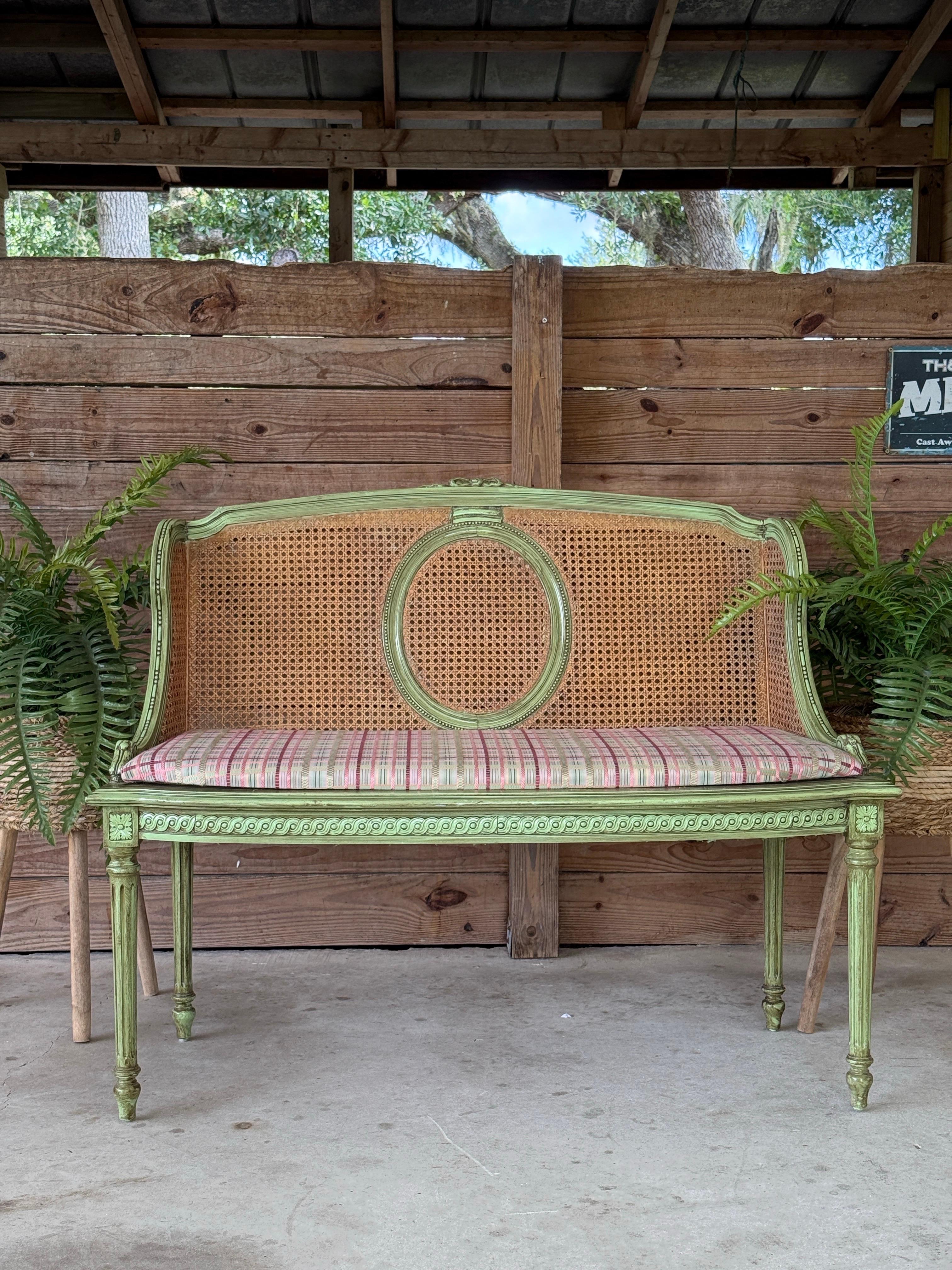 Antique Louis XVI Style Caned Settee With Distressed Green Painted Finish For Sale 8