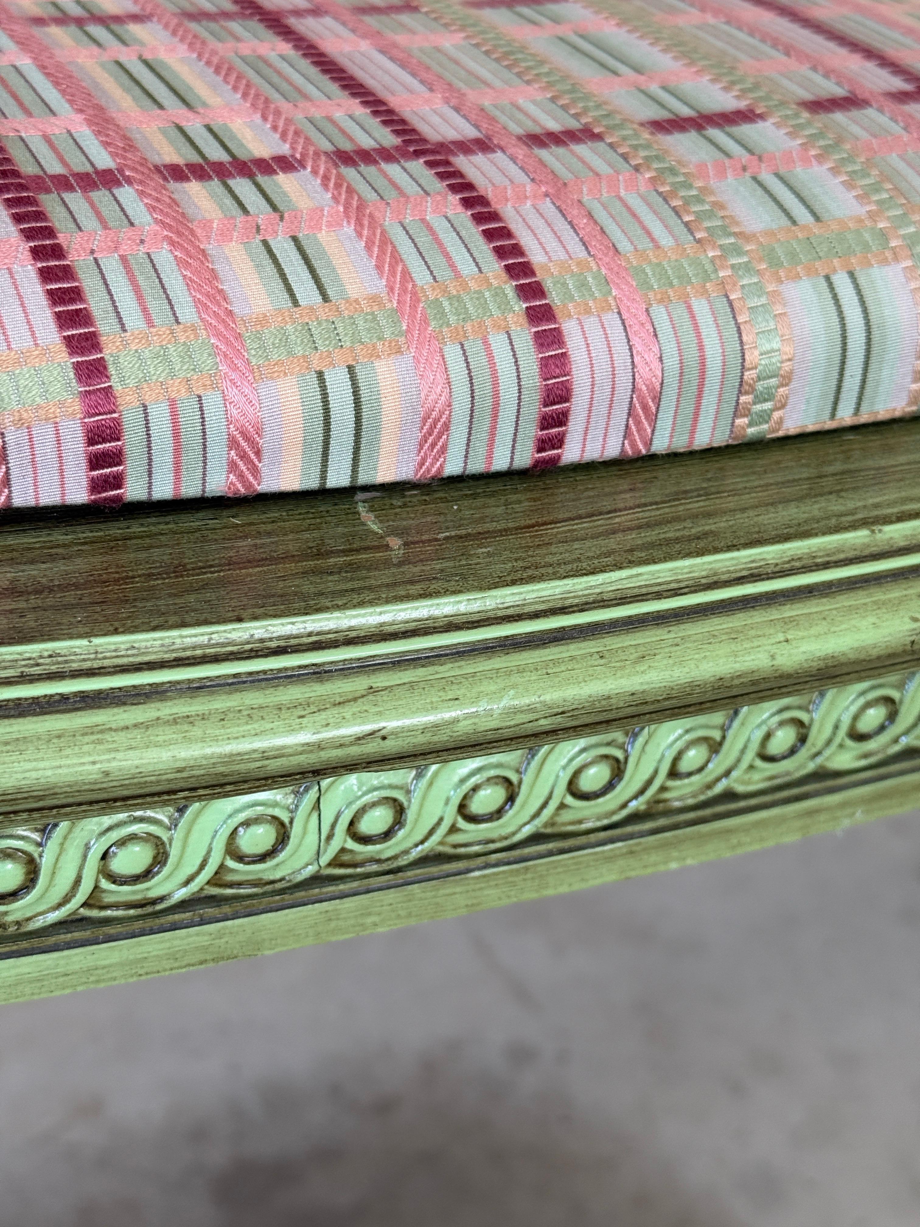 Regency Antique Louis XVI Style Caned Settee With Distressed Green Painted Finish For Sale