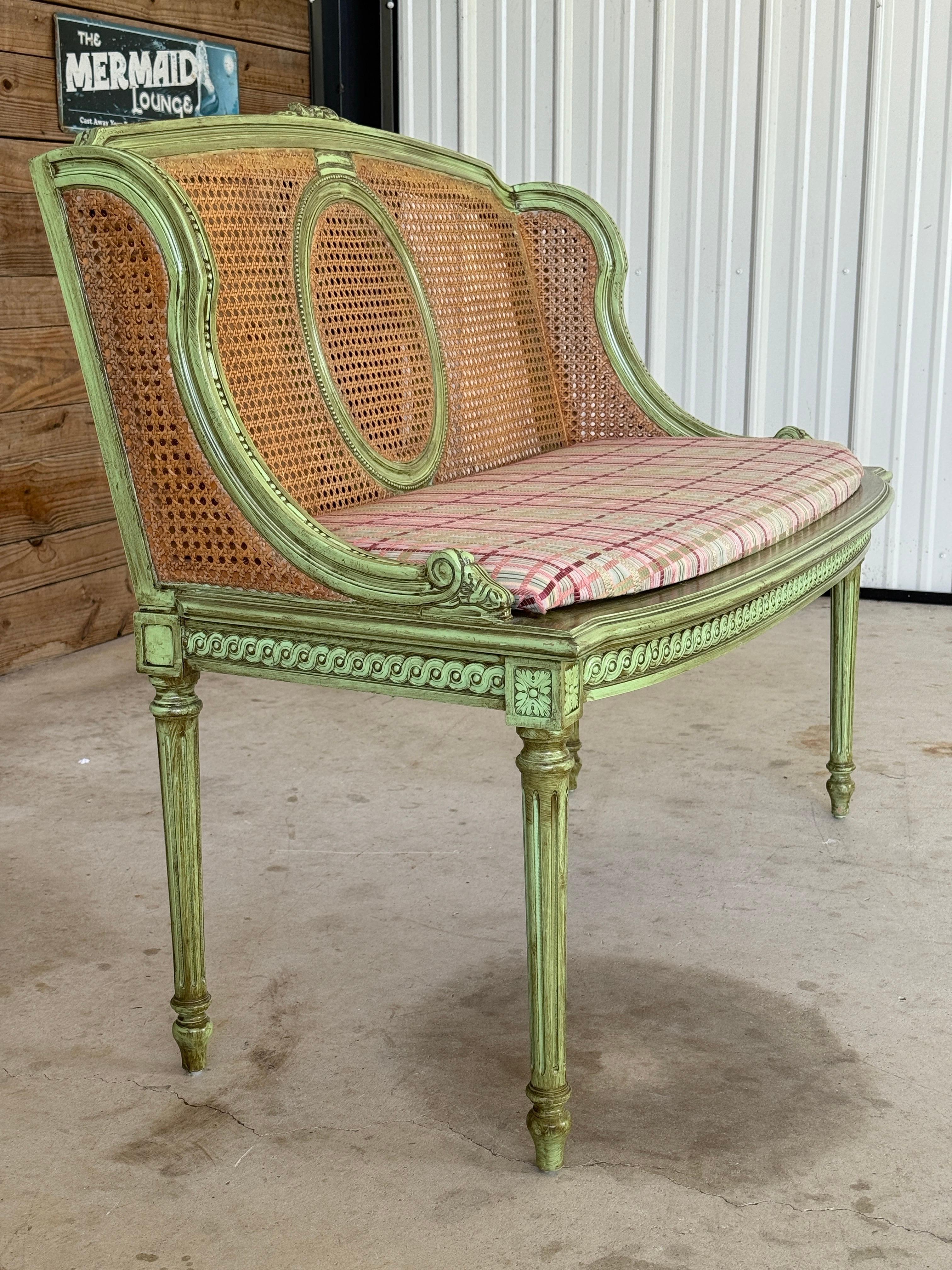 Unknown Antique Louis XVI Style Caned Settee With Distressed Green Painted Finish For Sale