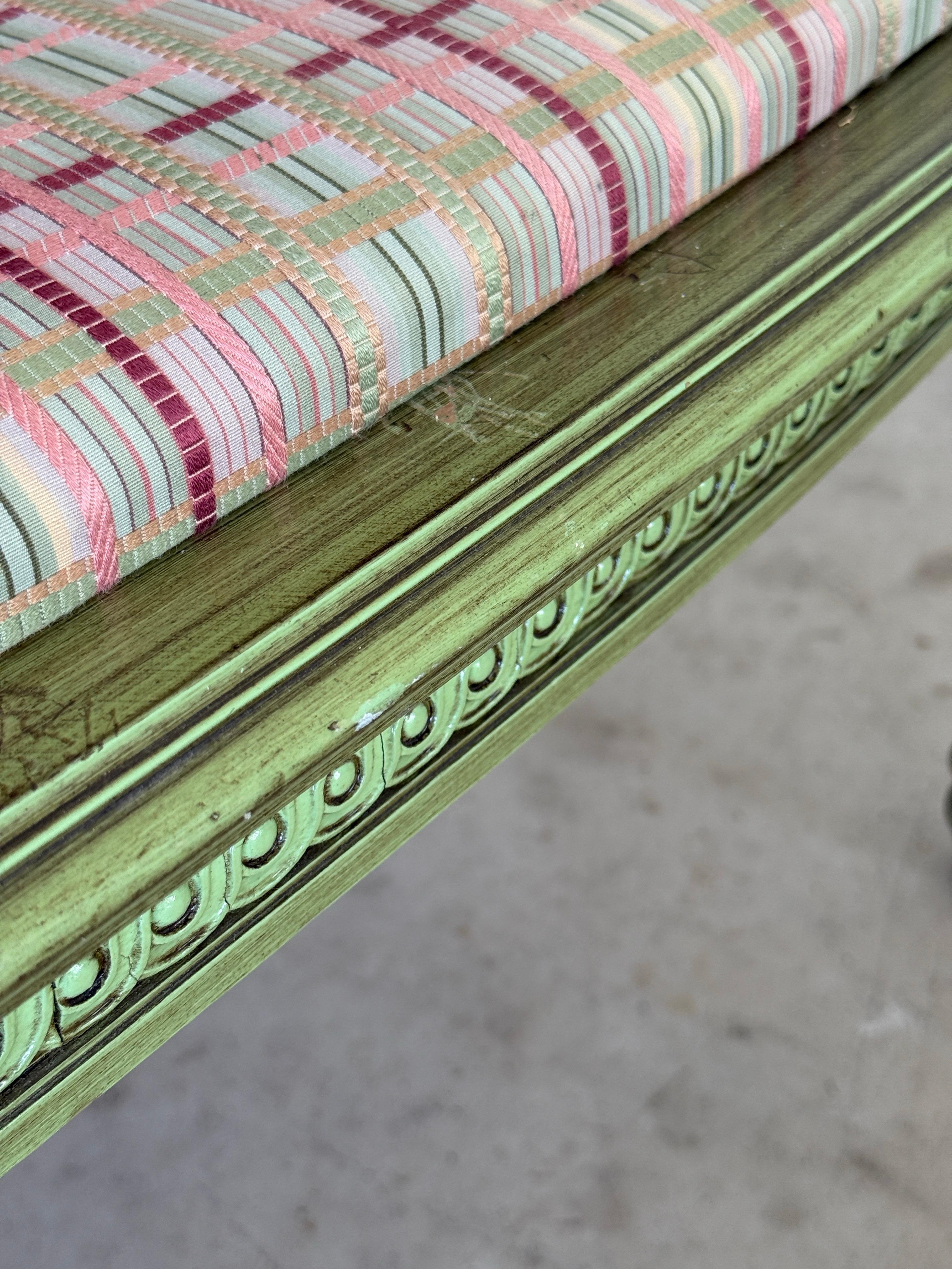 Hand-Carved Antique Louis XVI Style Caned Settee With Distressed Green Painted Finish For Sale