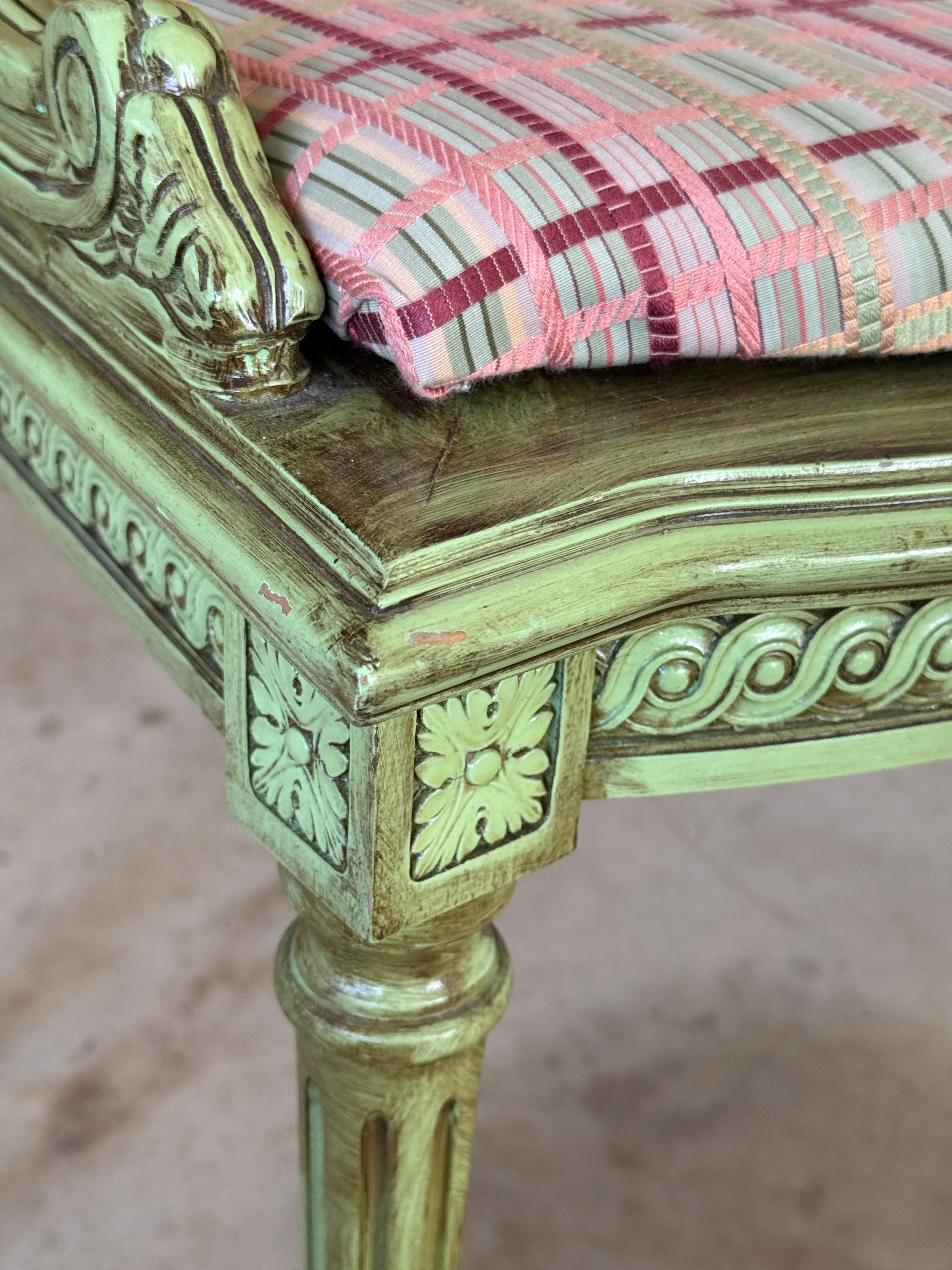 Antique Louis XVI Style Caned Settee With Distressed Green Painted Finish In Good Condition For Sale In North Fort Myers, FL