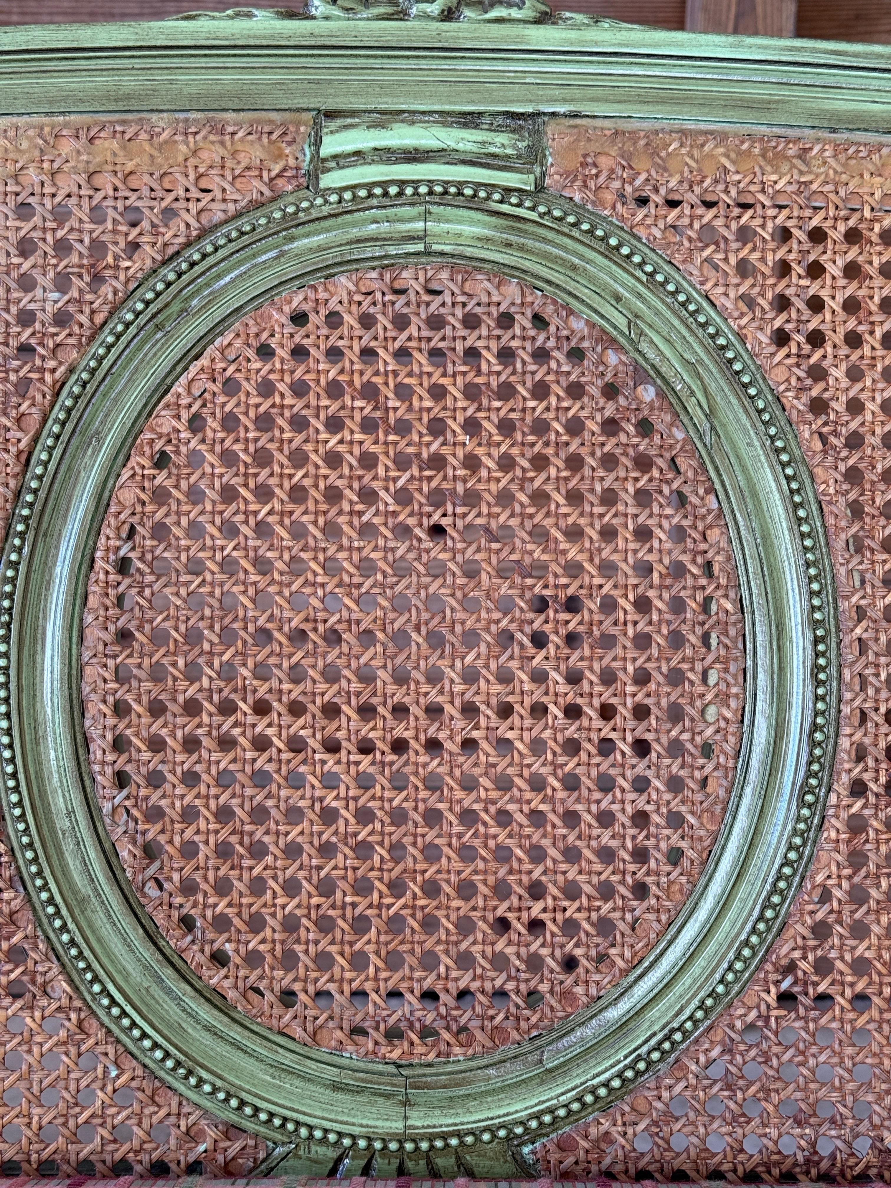 Antique Louis XVI Style Caned Settee With Distressed Green Painted Finish For Sale 1