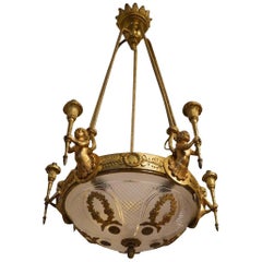 Antique Louis XVI Style Chandelier with Cherubs in Bronze with Golden Patina