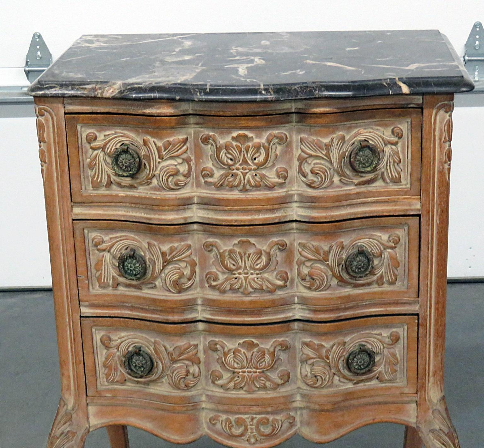 Antique Louis XVI style distressed painted marble top 3-drawer chest.