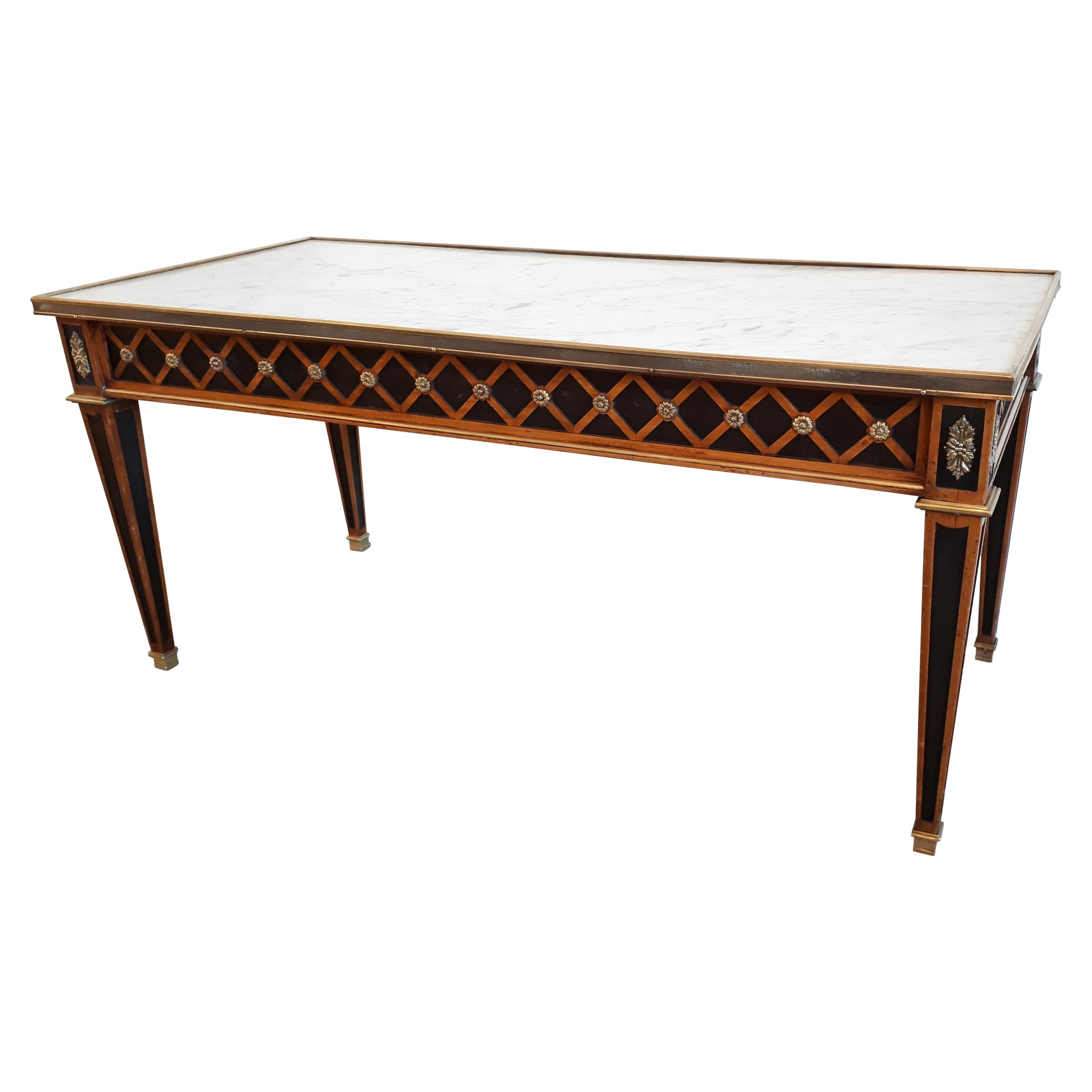 Antique French Louis XVI Coffee Table Carrara Marble Top, Brass & Bronze  For Sale