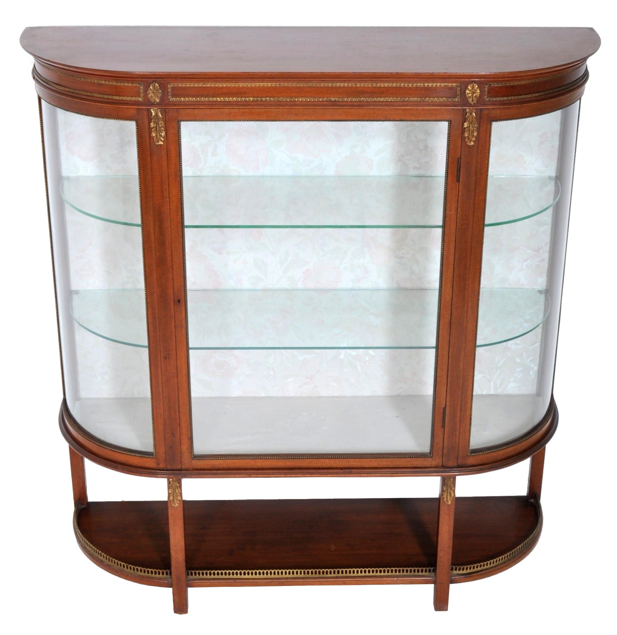 19th Century Antique Louis XVI Style English Mahogany Curved China Display Cabinet circa 1890