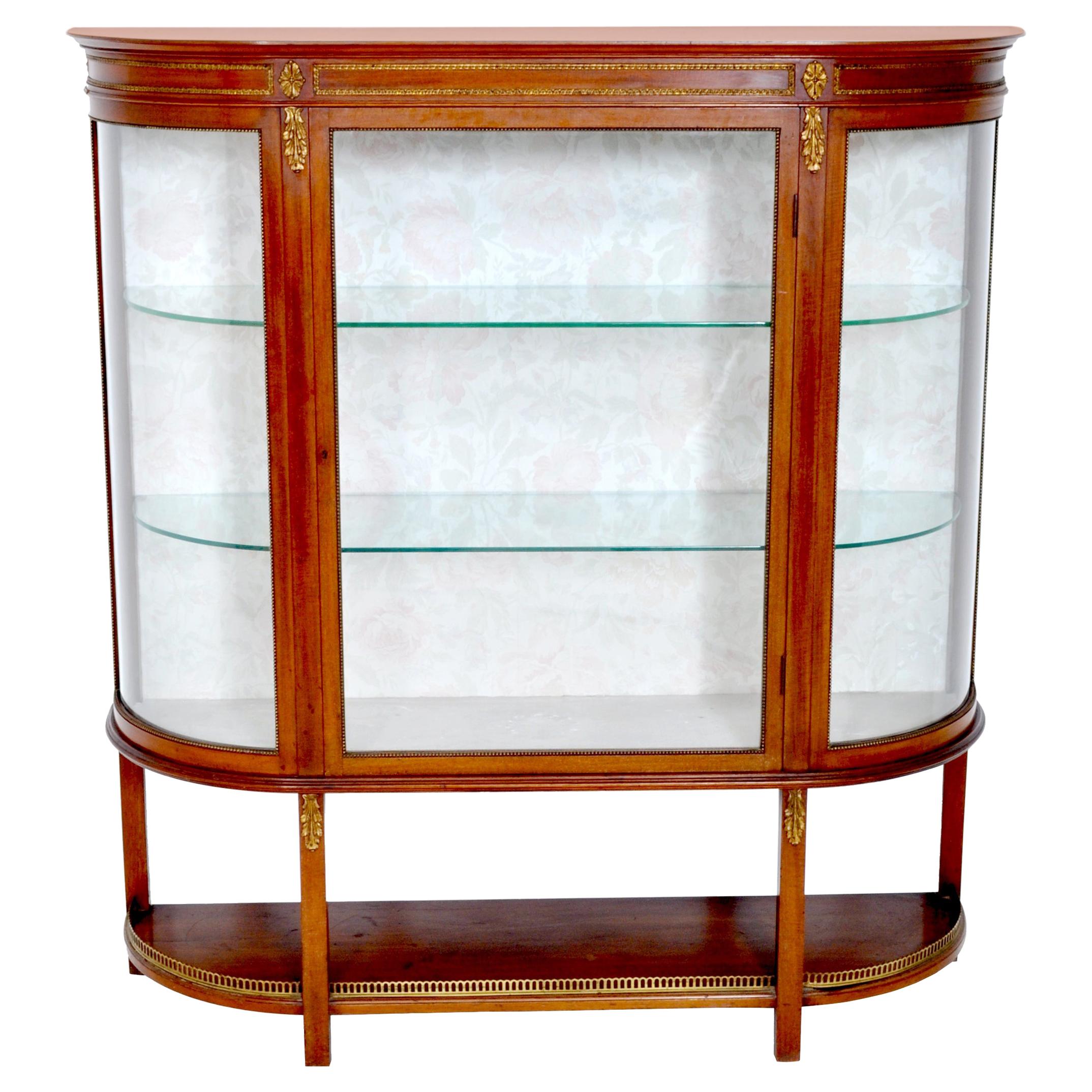 Antique Louis XVI Style English Mahogany Curved China Display Cabinet circa 1890