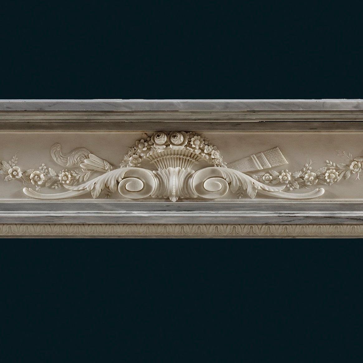 Carved Antique Louis XVI Style Fireplace Mantle in Blue Turquin & Statuary Marbles For Sale