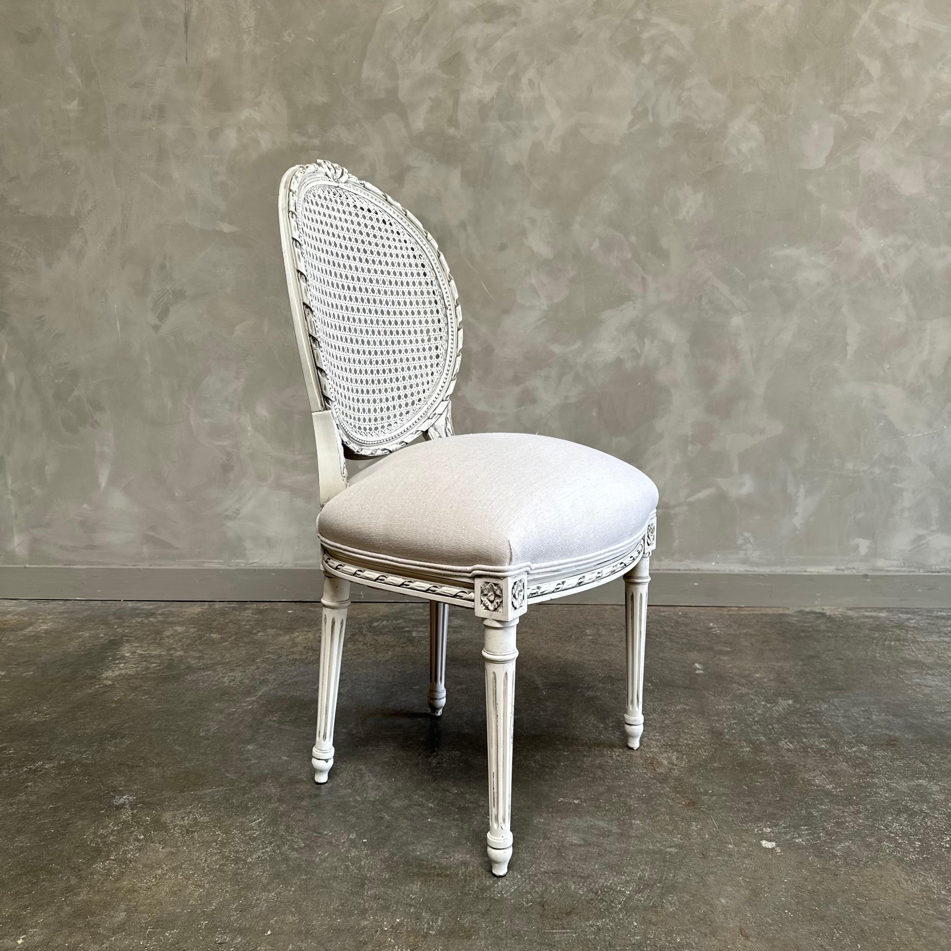 Antique Louis XVI Style French cane back chair in Oyster White Finish In Good Condition For Sale In Brea, CA