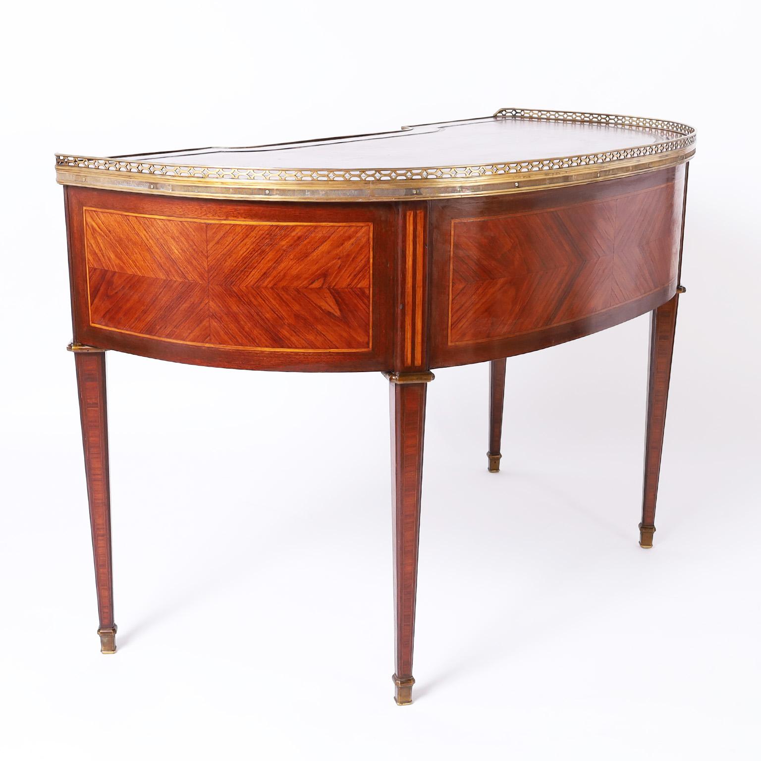 Inlay Antique Louis XVI Style French Demi Lune Leather Top Desk For Sale