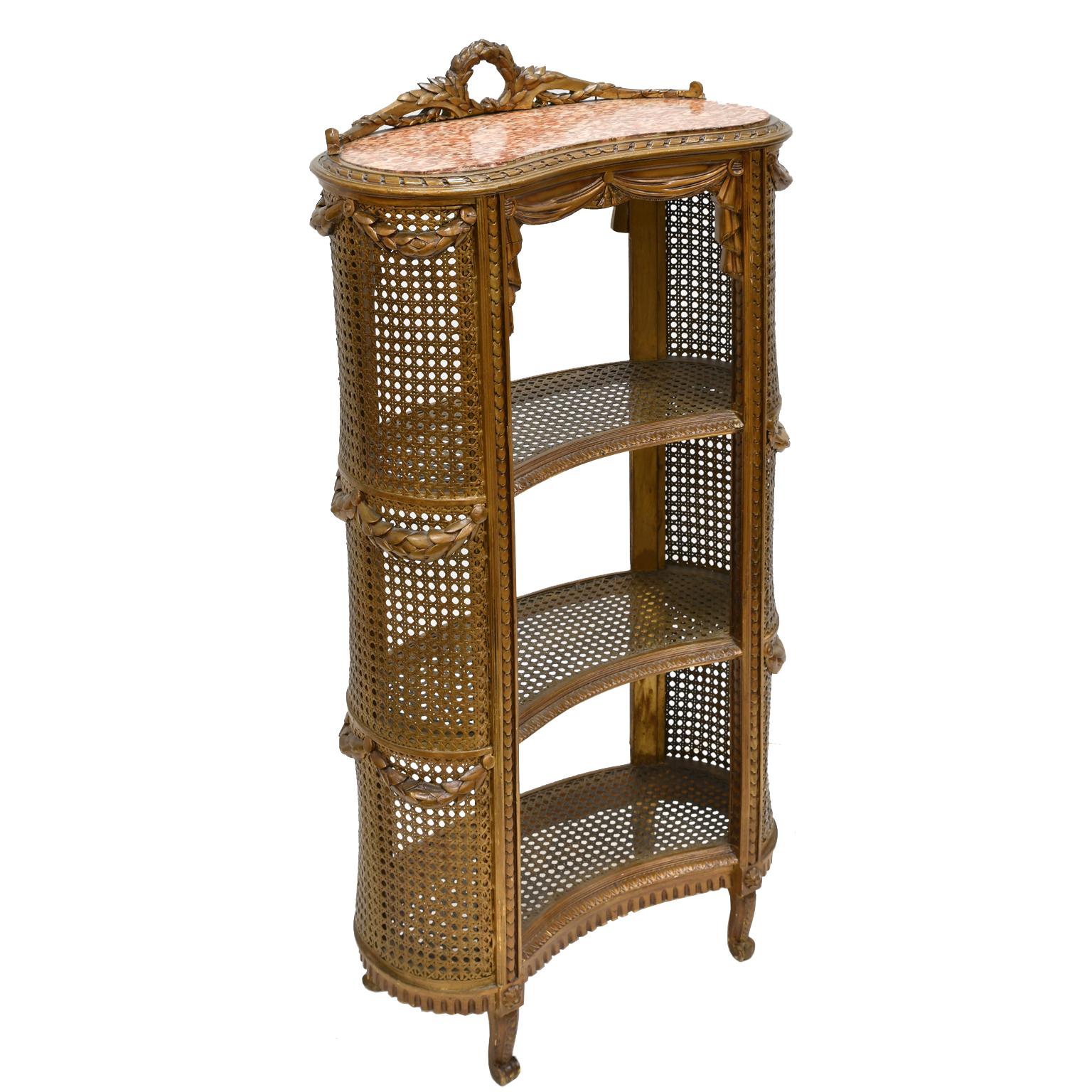Cane Antique Louis XVI Style French Étagère/ Whatnot w/ Shelves, Caning & Gold Paint
