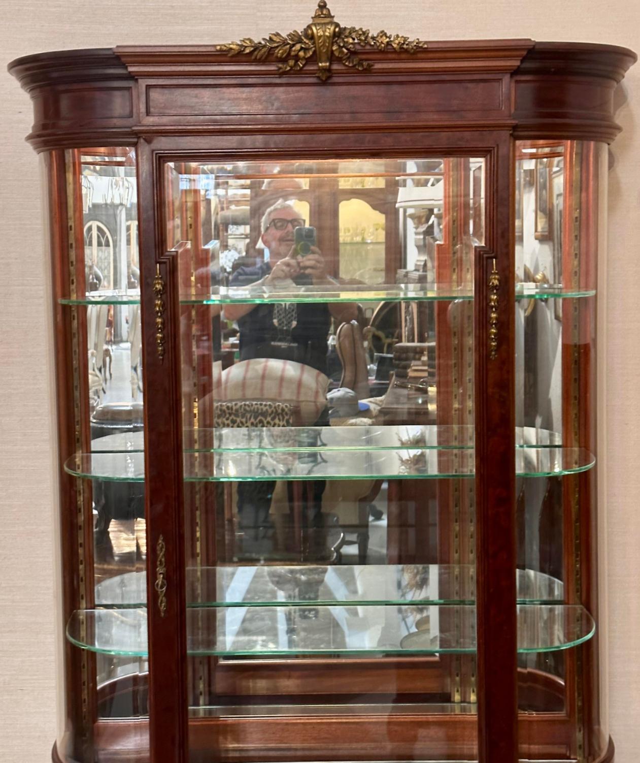 French Antique Louis XVI Style Gilt Bronze & Mahogany Vitrine Display Cabinet For Sale