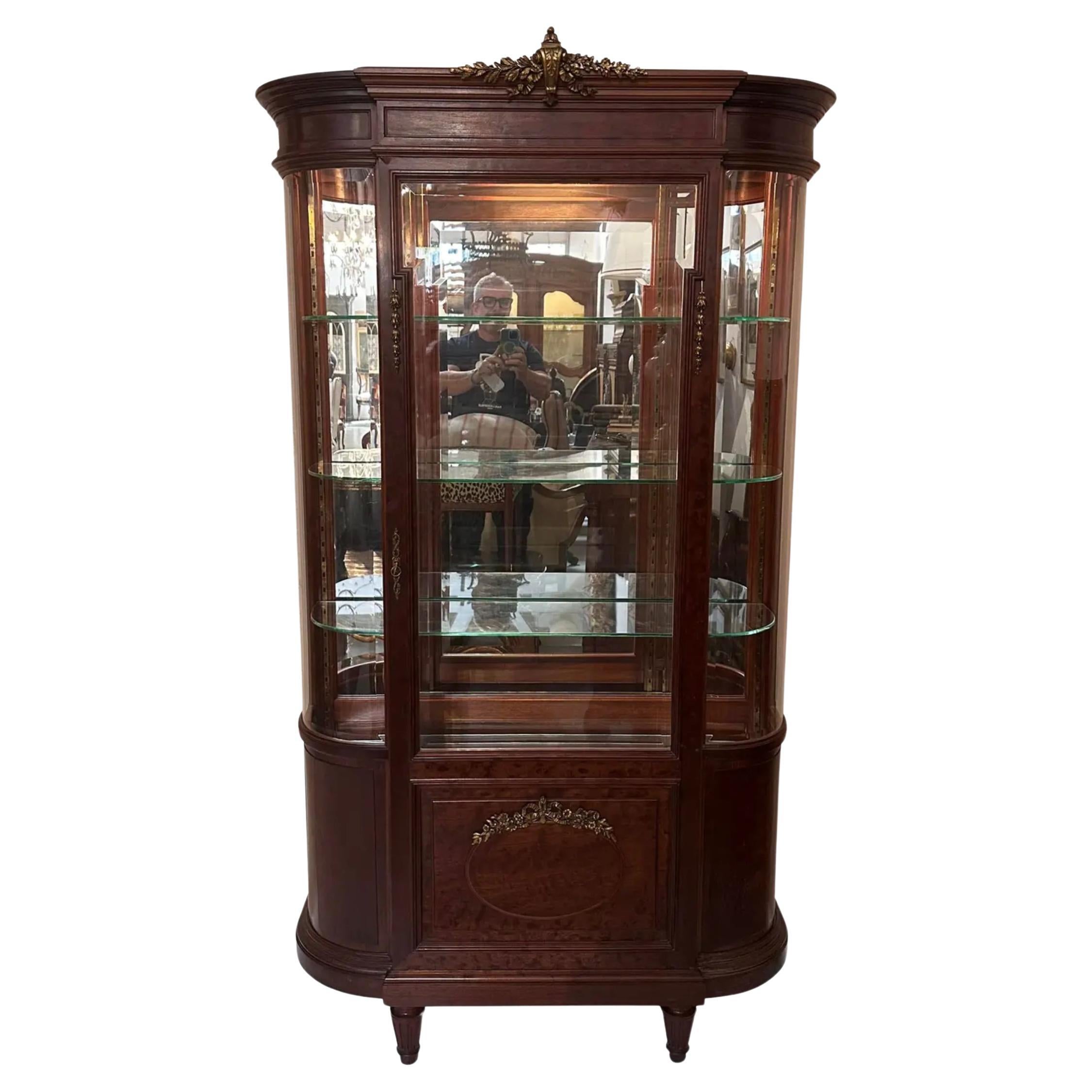 Antique Louis XVI Style Gilt Bronze & Mahogany Vitrine Display Cabinet For Sale