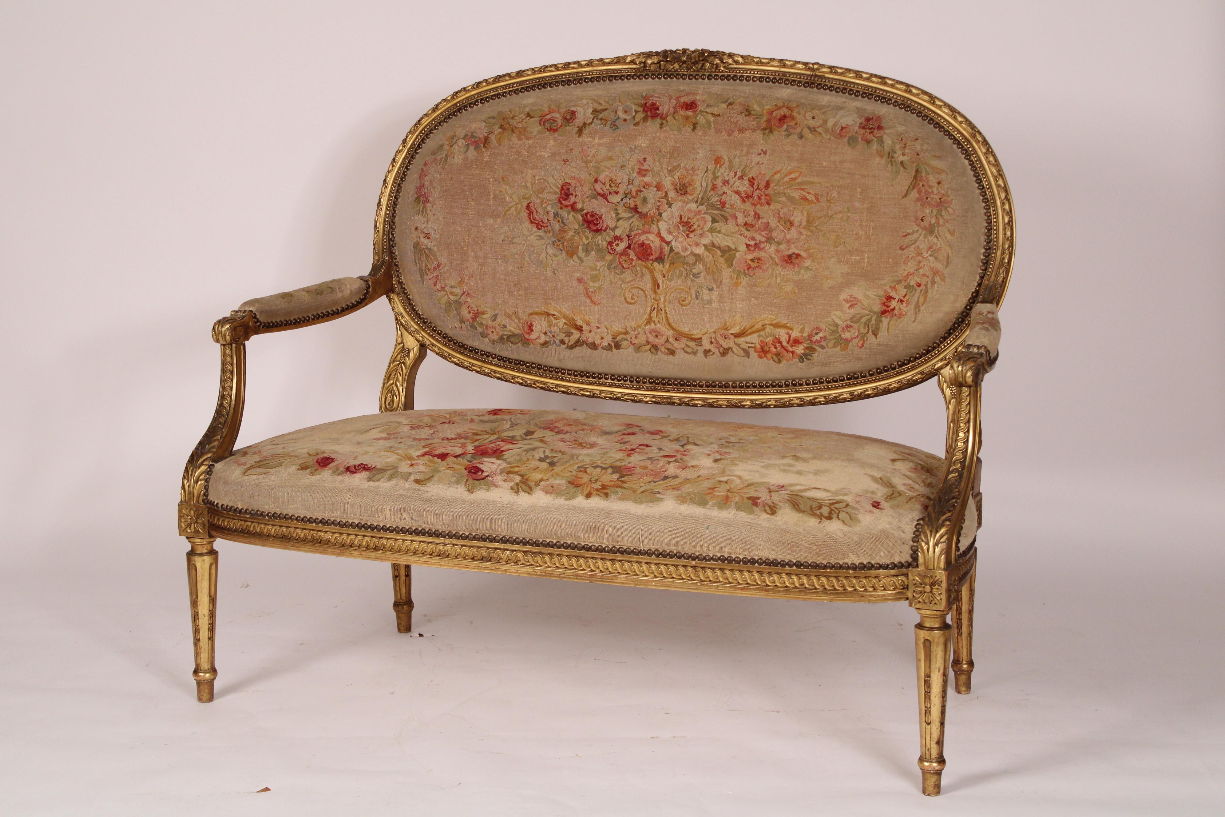 French Antique Louis XVI Style Gilt Wood Settee For Sale