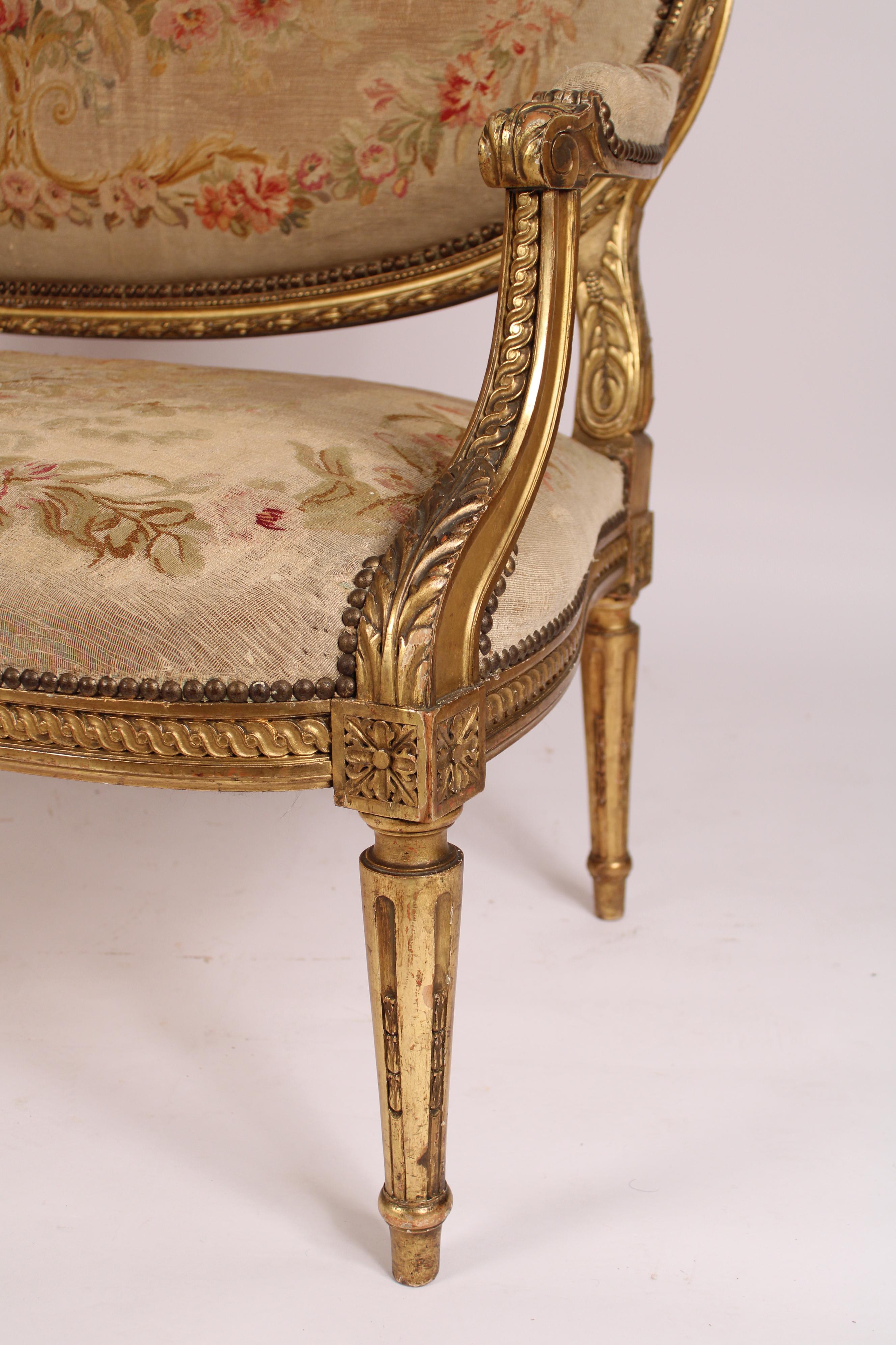 Tapestry Antique Louis XVI Style Gilt Wood Settee For Sale