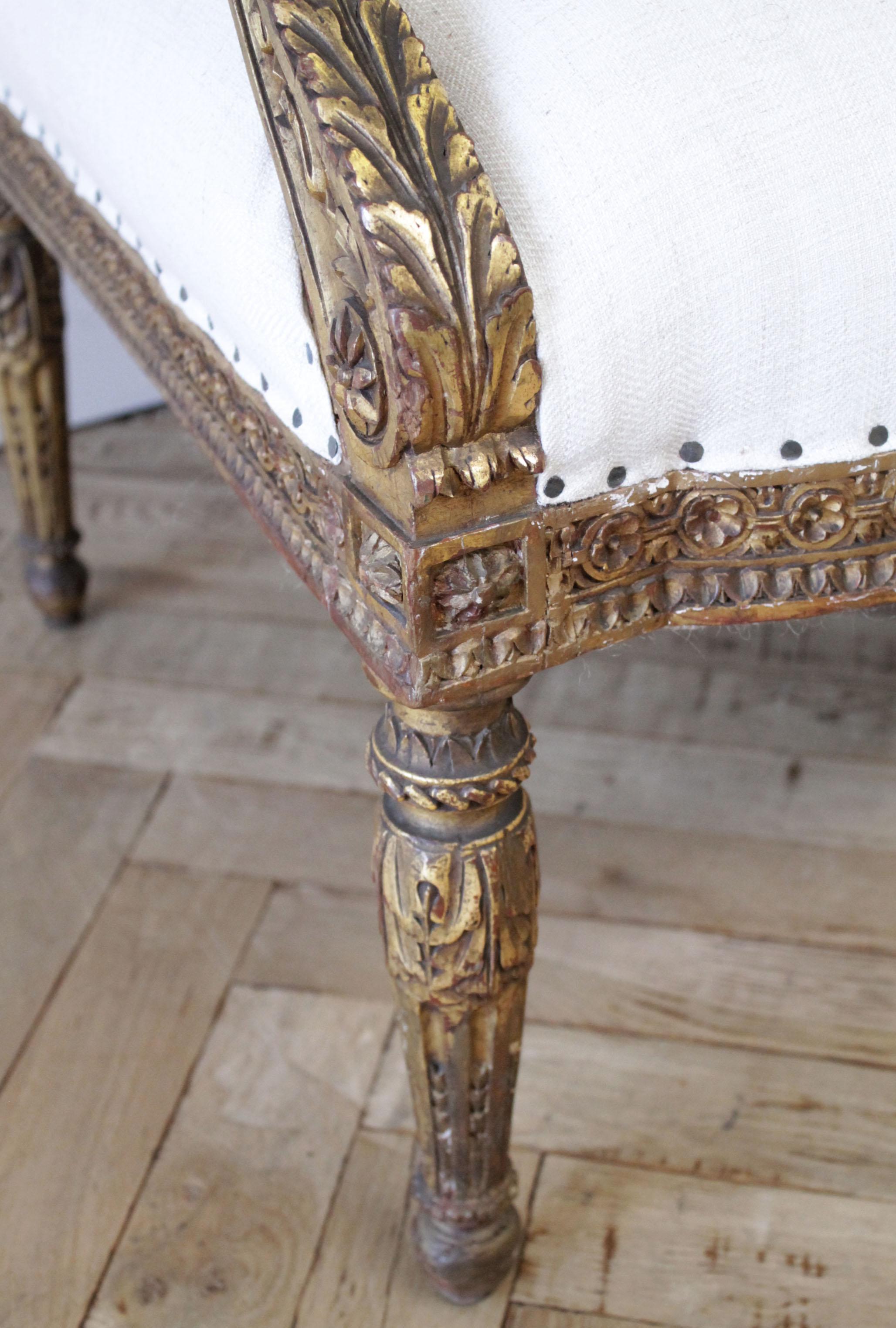 Antique Louis XVI Style Giltwood Settee in Linen 5