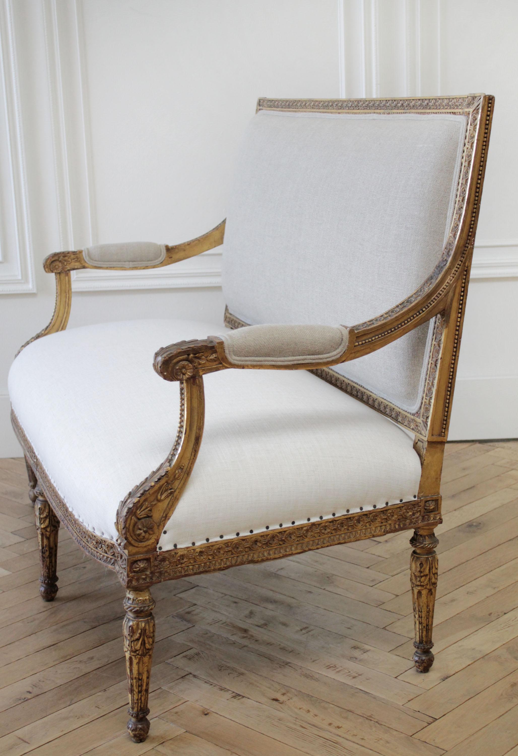 Antique Louis XVI Style Giltwood Settee in Linen 6