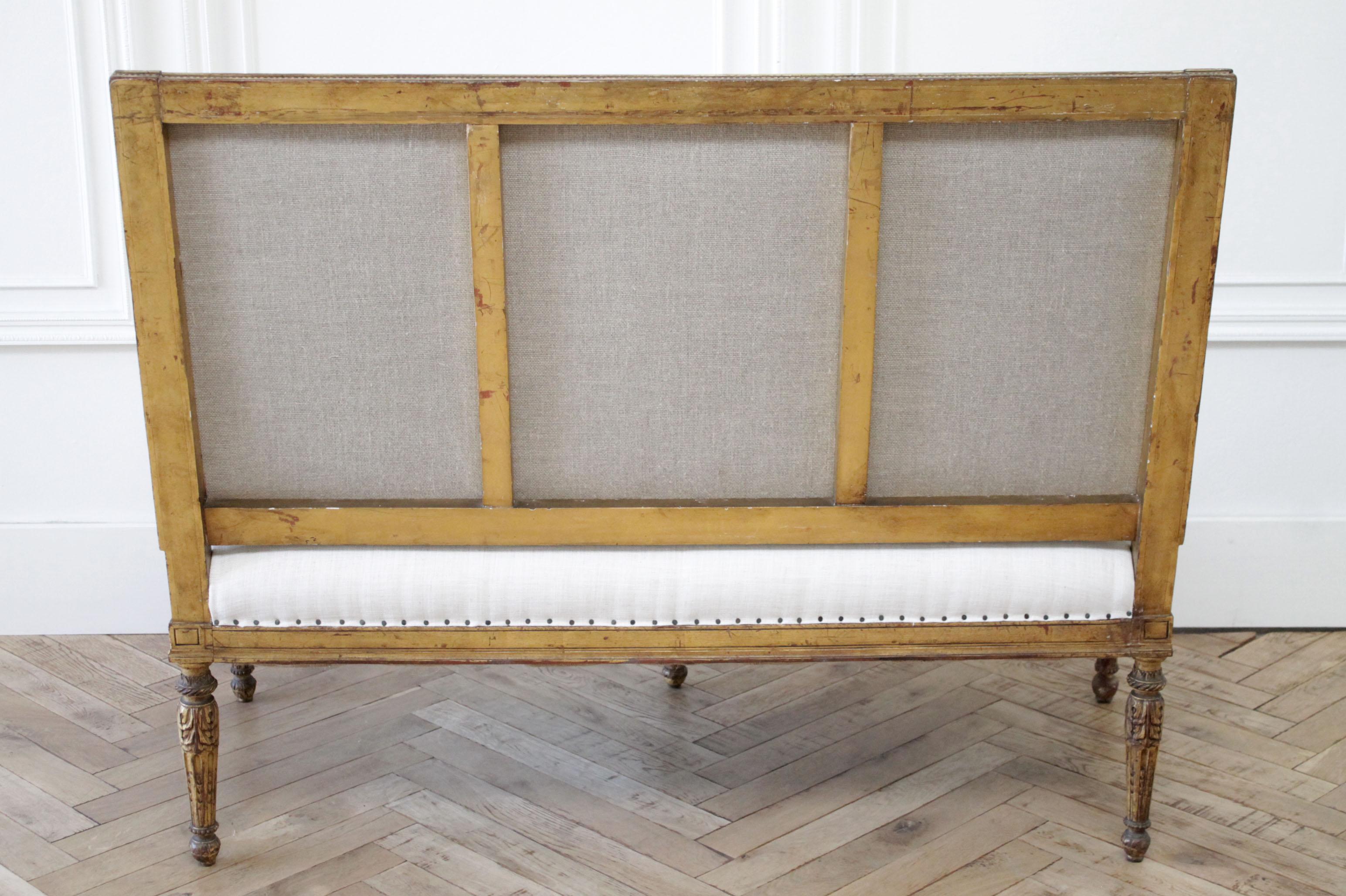 Antique Louis XVI Style Giltwood Settee in Linen 7