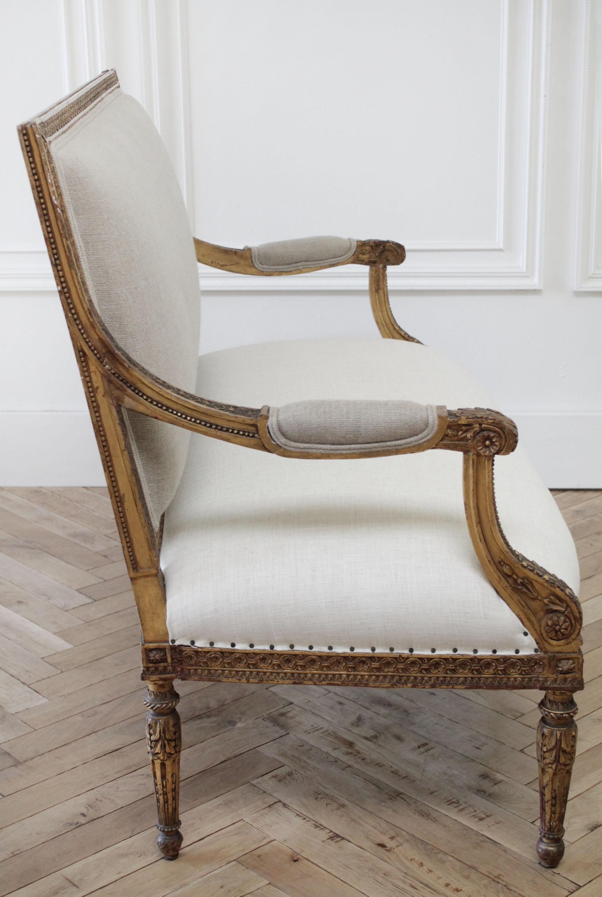 Antique Louis XVI Style Giltwood Settee in Linen 9