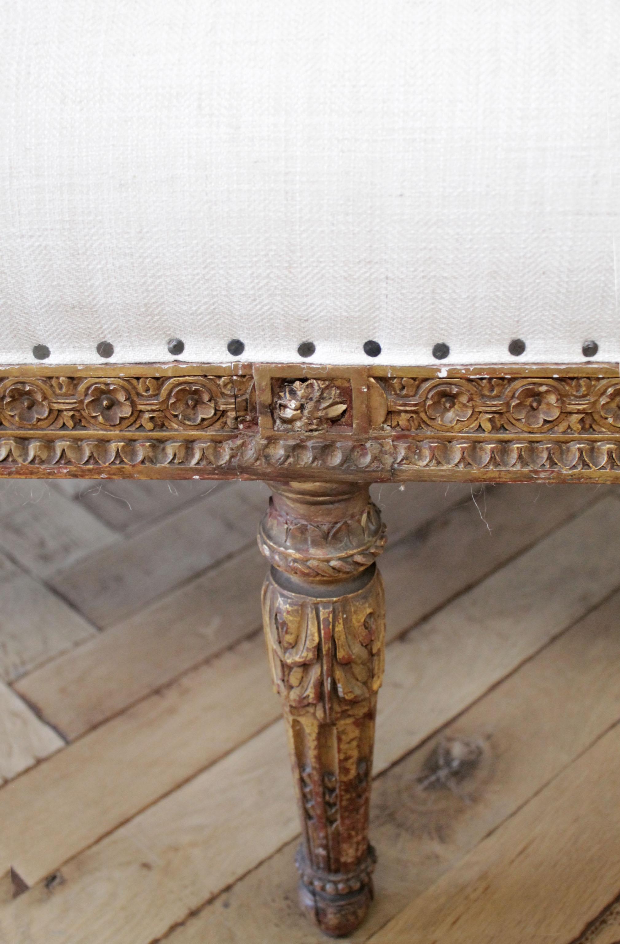 Antique Louis XVI Style Giltwood Settee in Linen 4