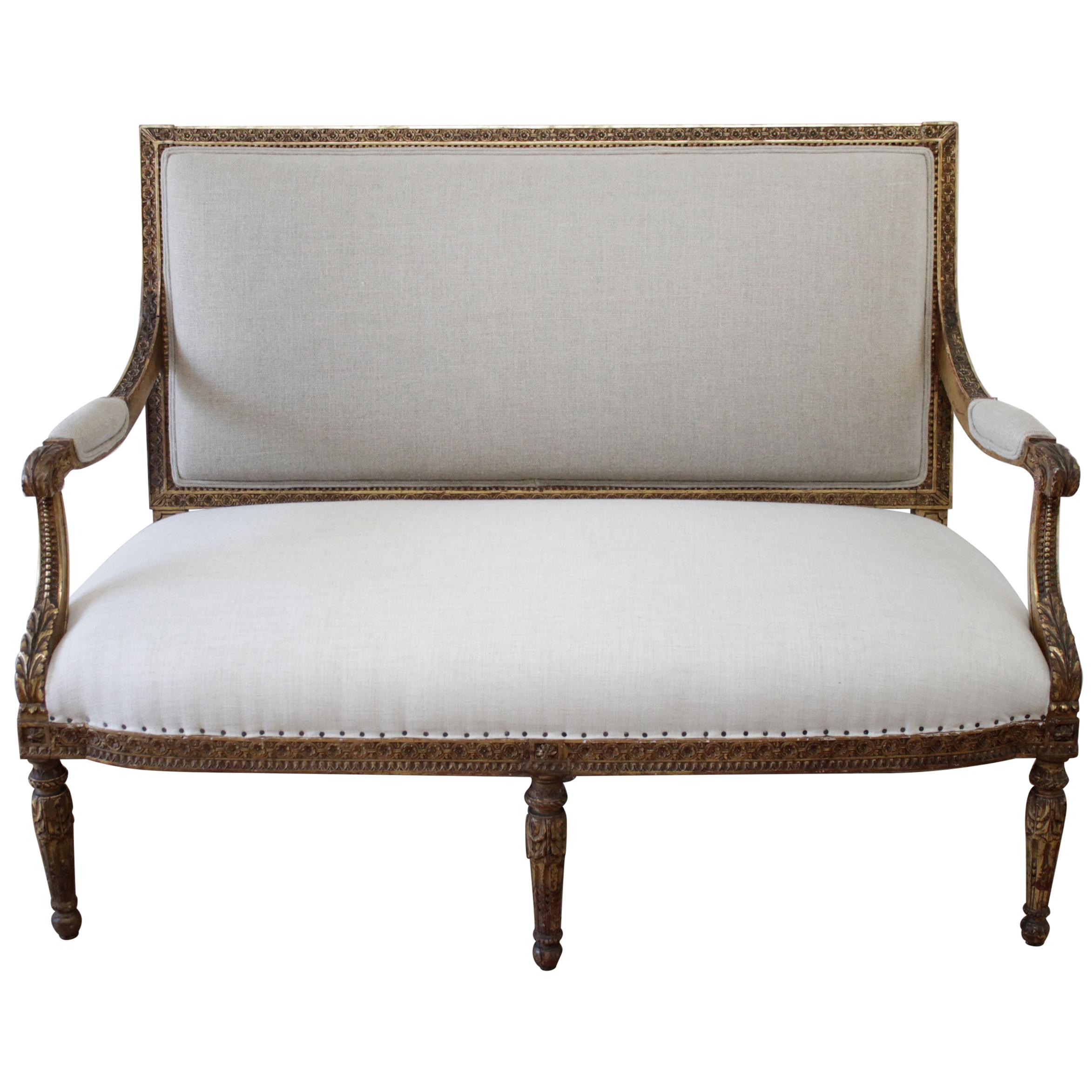 Antique Louis XVI Style Giltwood Settee in Linen