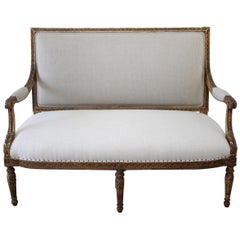 Antique Louis XVI Style Giltwood Settee in Linen