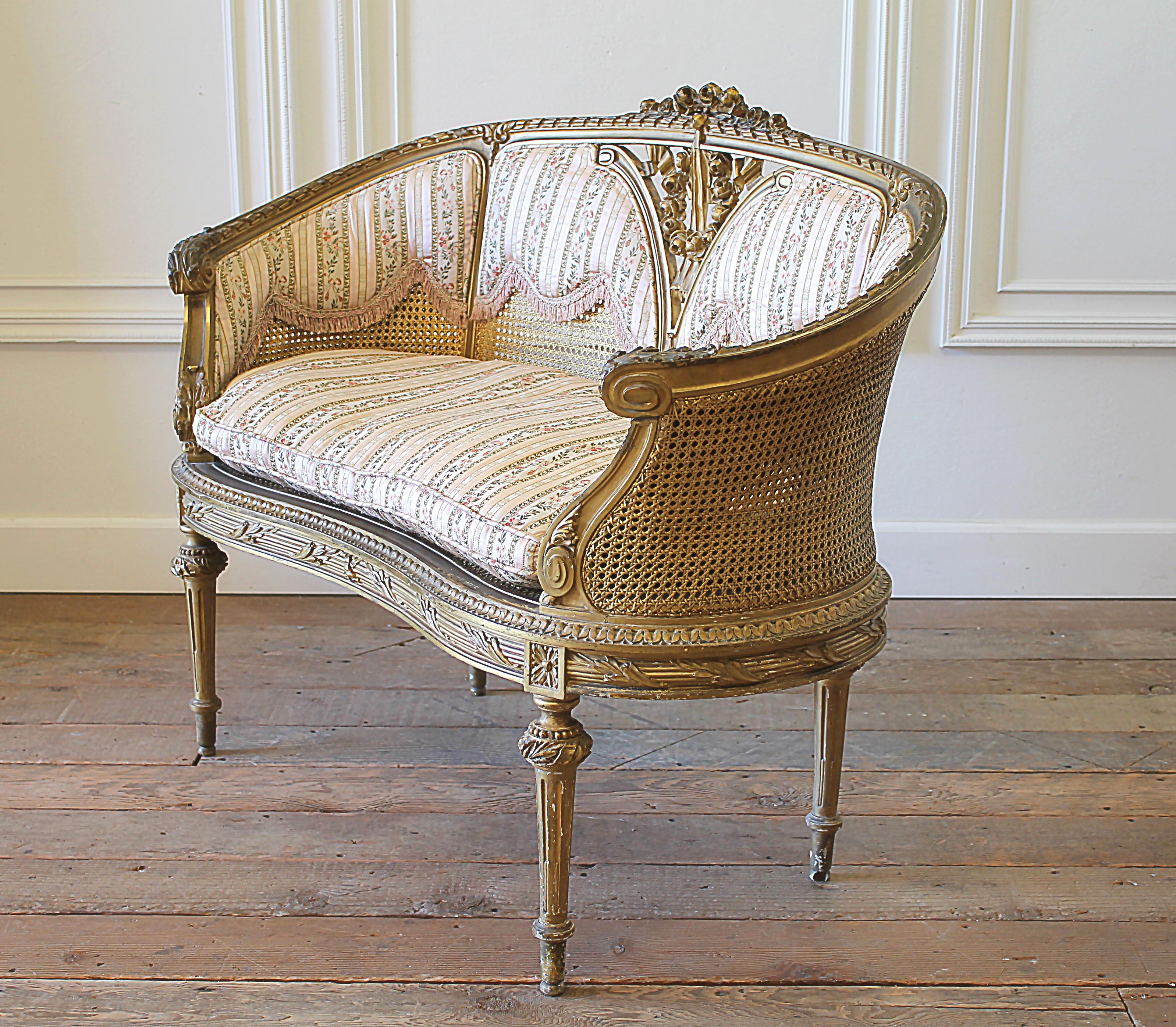 Antique Louis XVI Style Giltwood and Cane Back Settee 5