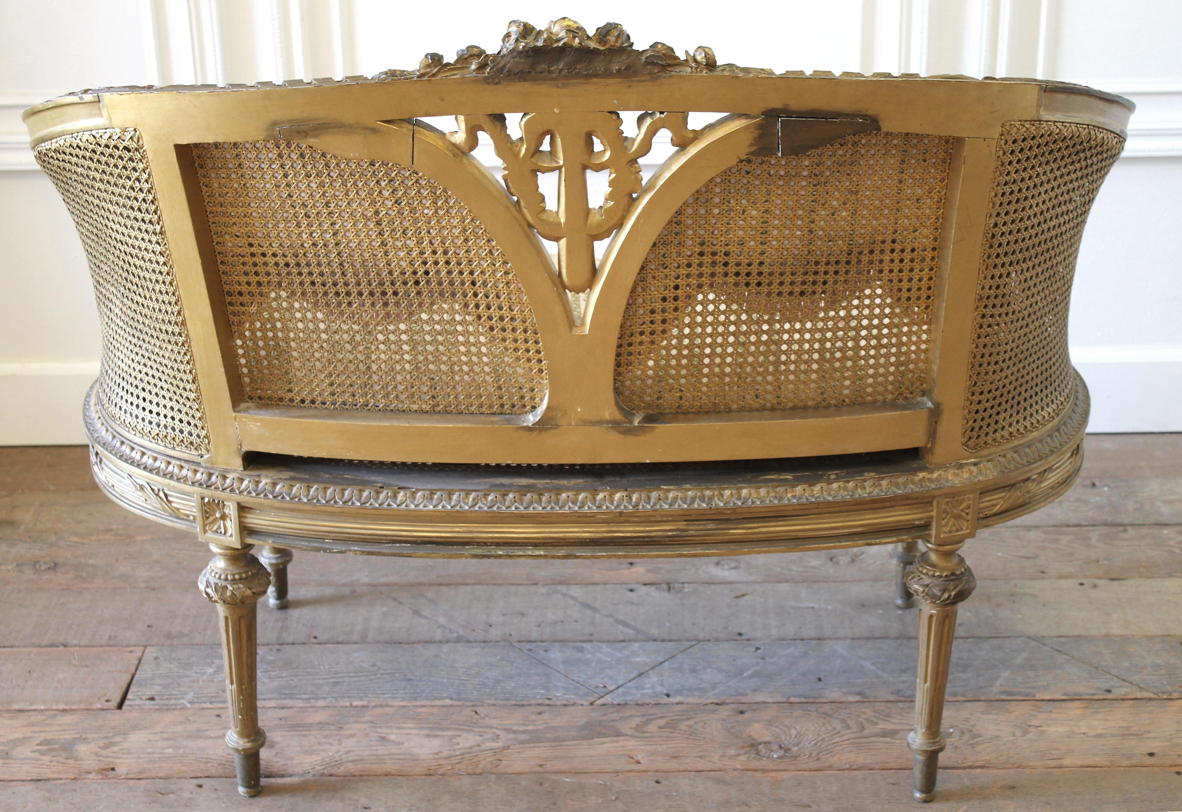 Antique Louis XVI Style Giltwood and Cane Back Settee 8