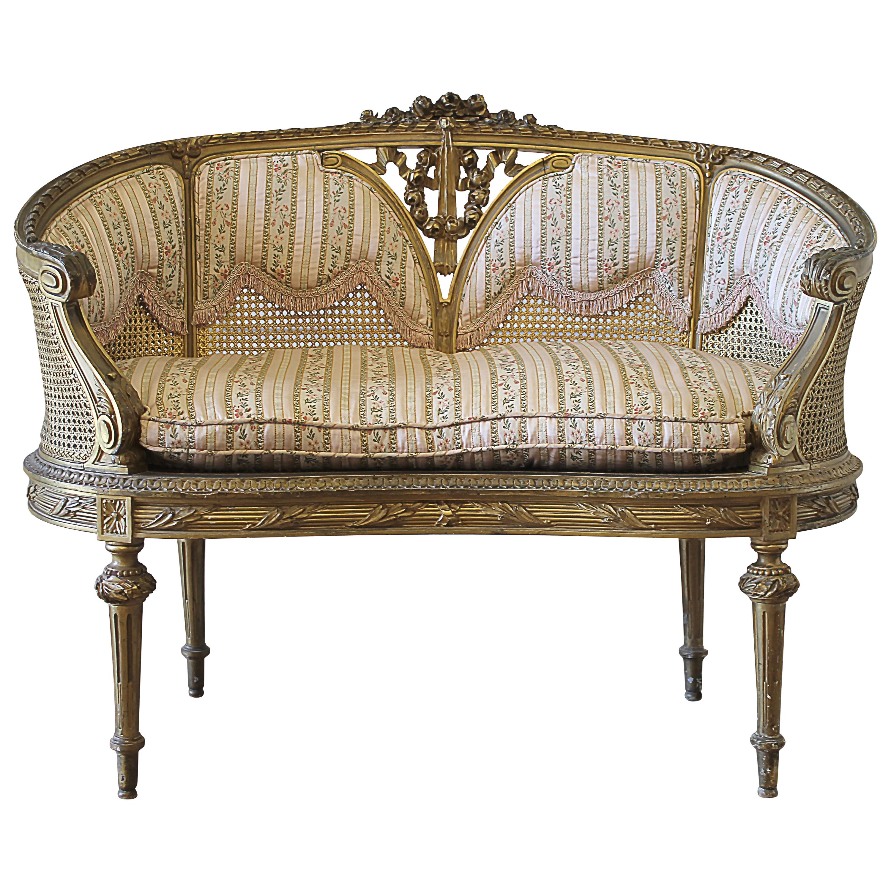 Antique Louis XVI Style Giltwood and Cane Back Settee