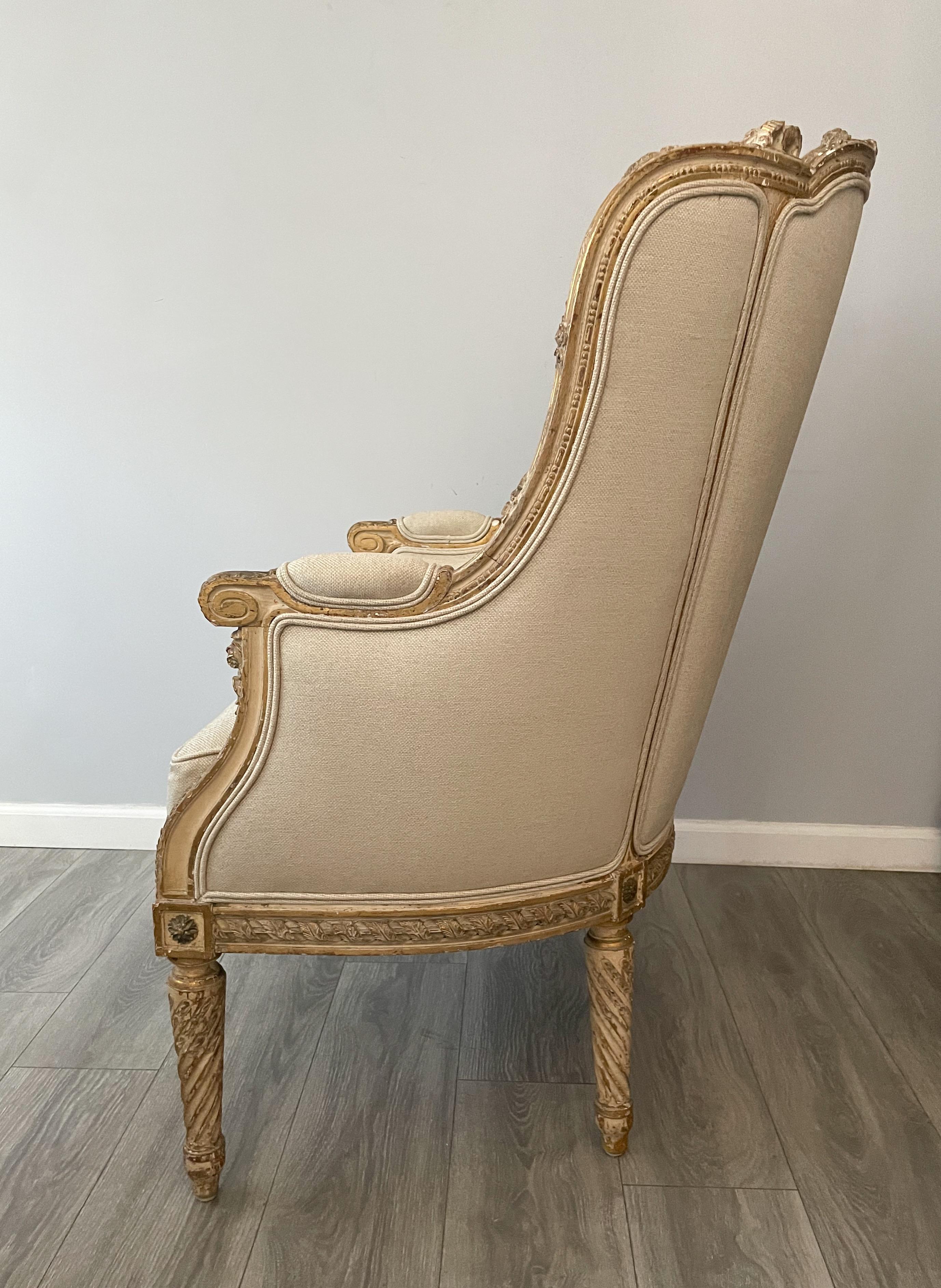 French Antique Louis XVI-Style Giltwood Bergère 