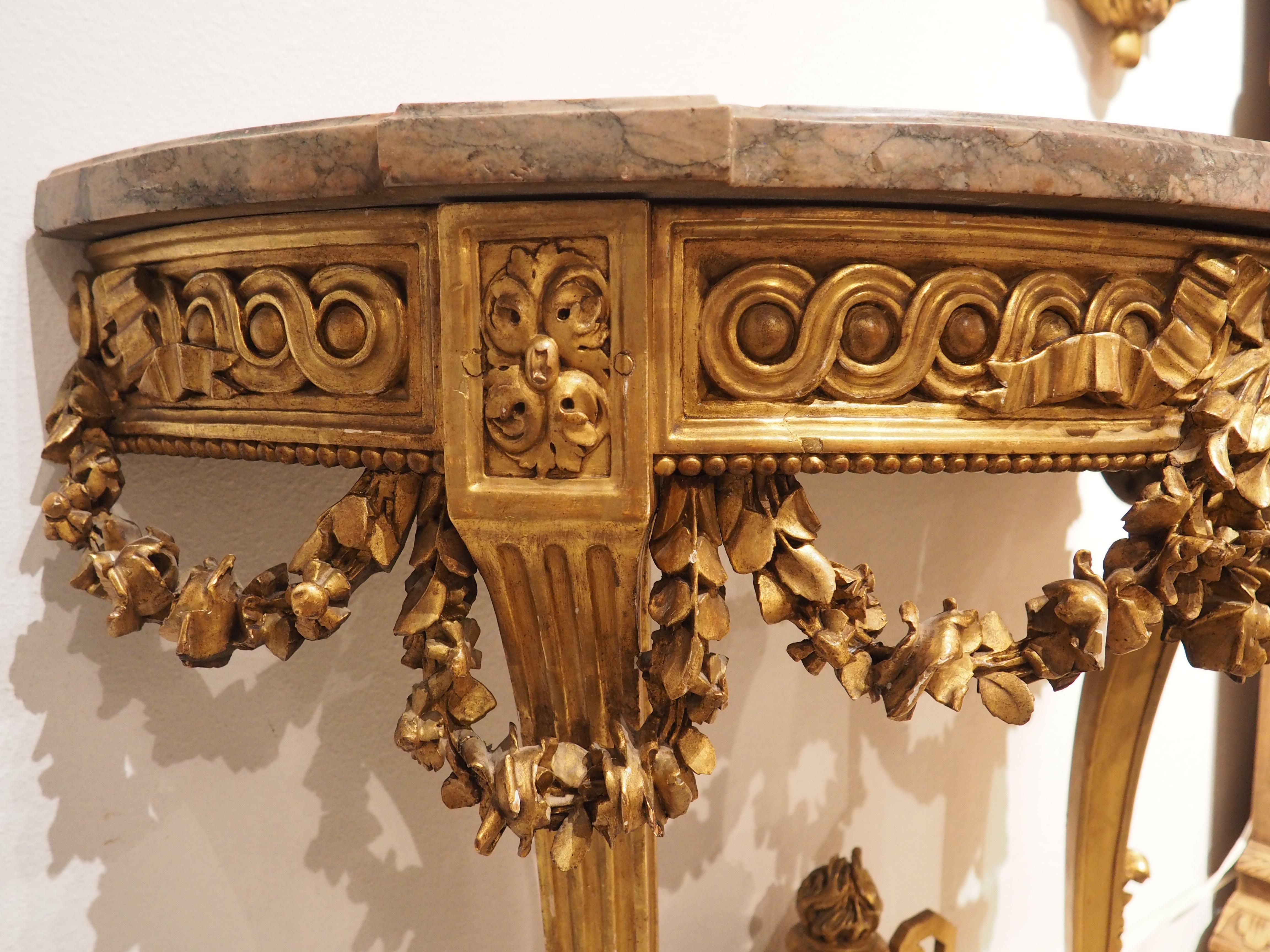 Antique Louis XVI Style Giltwood Console with Gray Rose Marble Top, c. 1860 For Sale 4