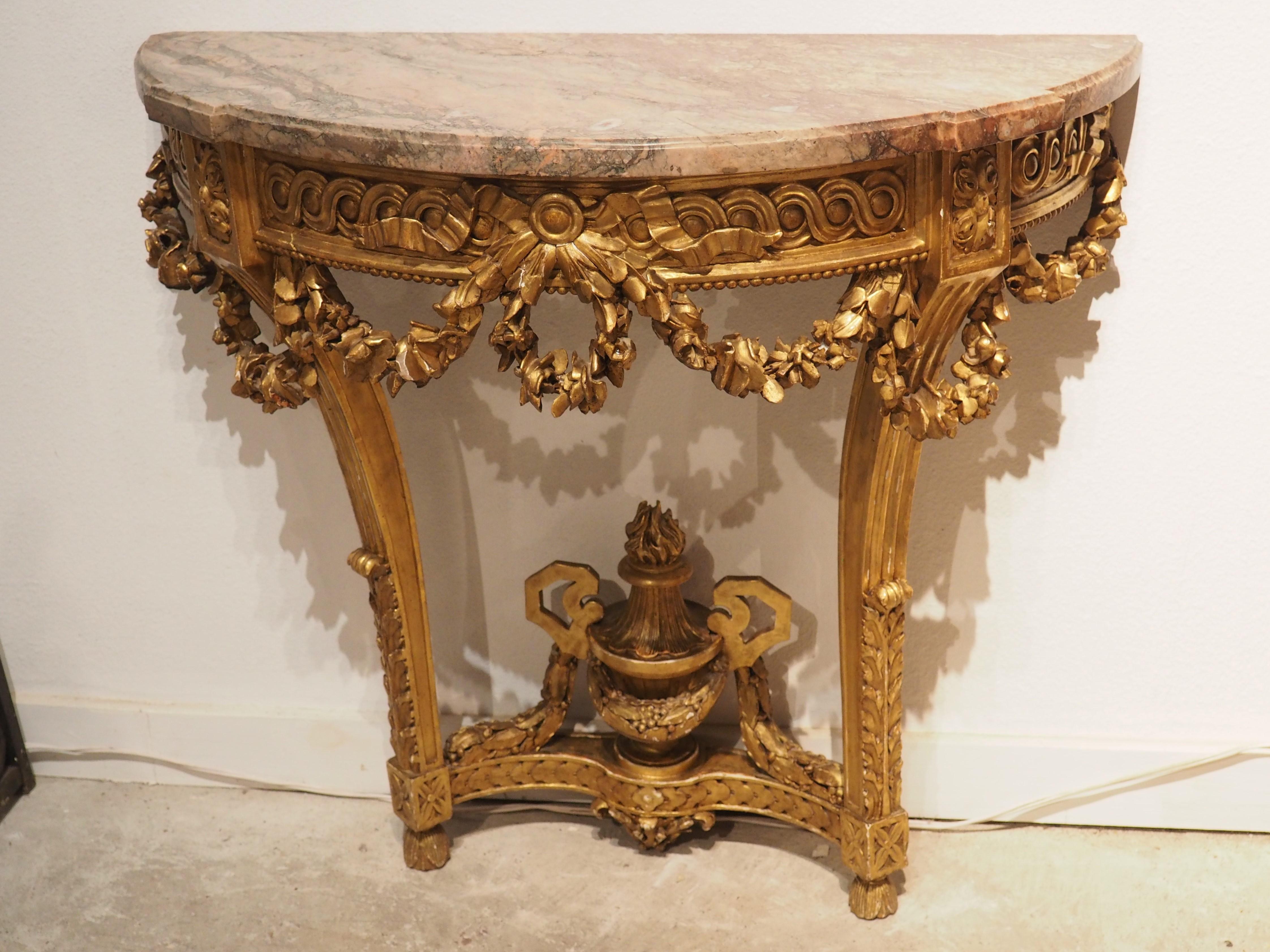 Antike Konsole aus vergoldetem Holz im Louis-XVI.-Stil mit grauer Rosenmarmorplatte, um 1860 im Angebot 4