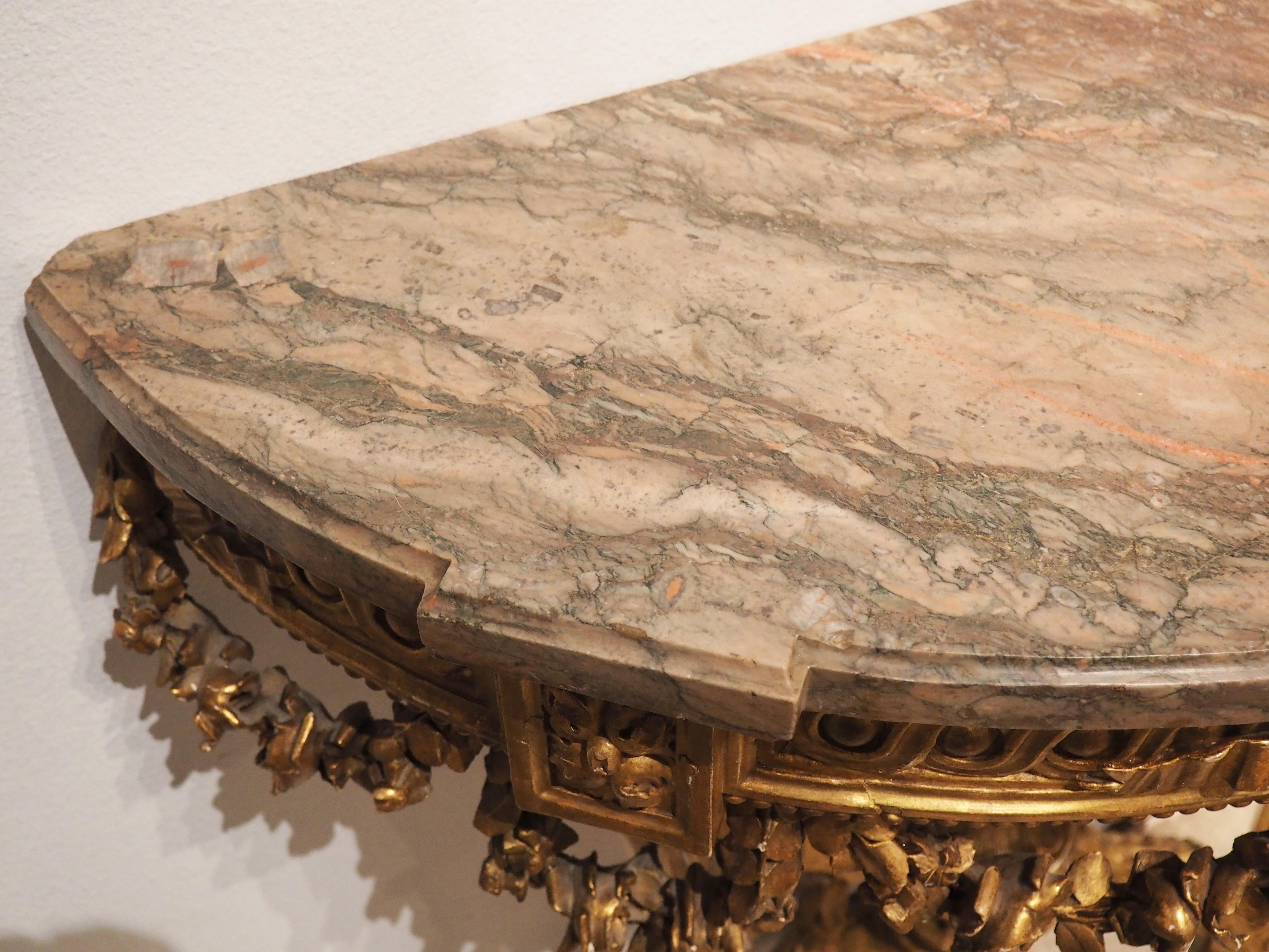 Antique Louis XVI Style Giltwood Console with Gray Rose Marble Top, c. 1860 For Sale 7