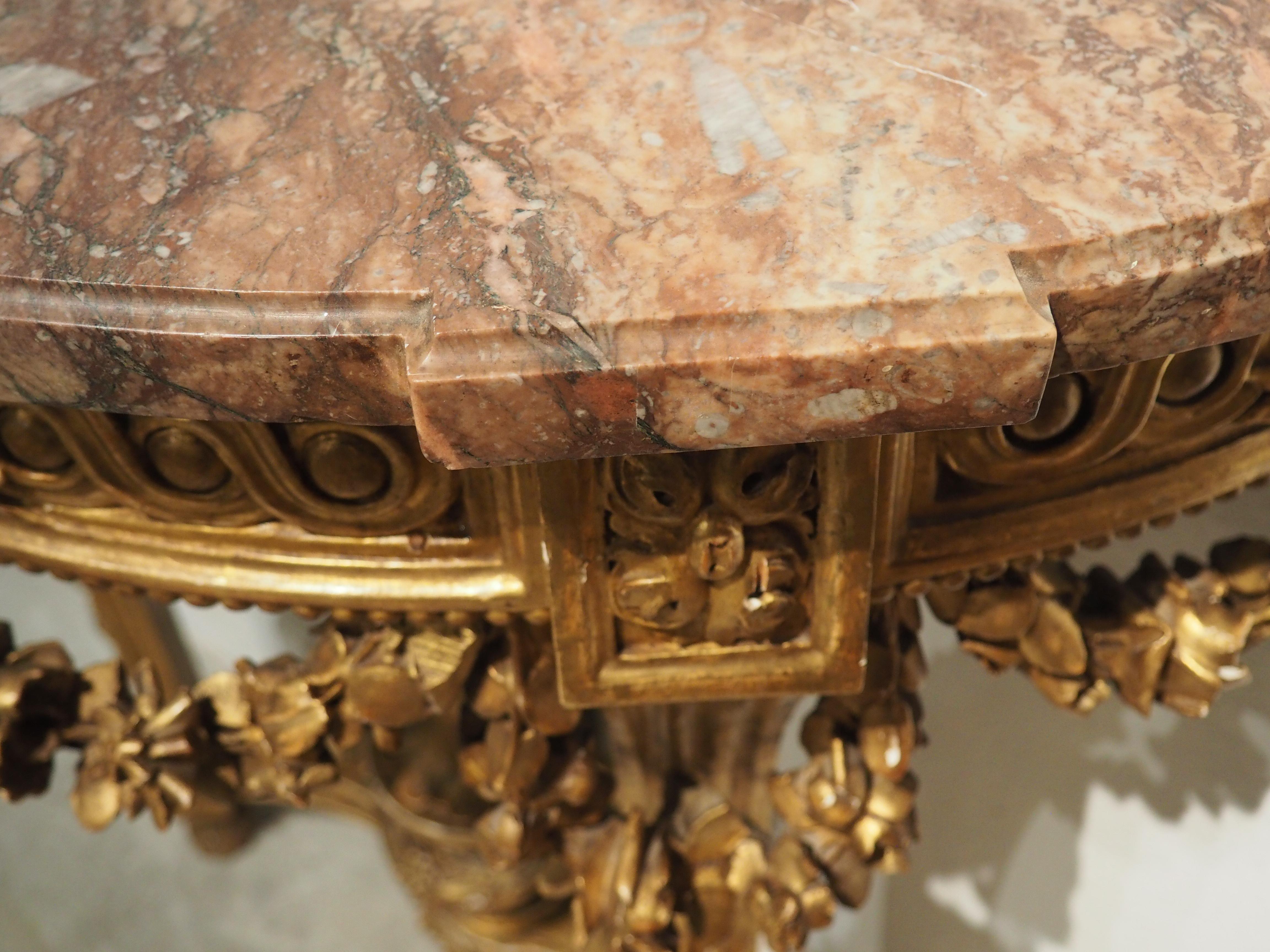 Antique Louis XVI Style Giltwood Console with Gray Rose Marble Top, c. 1860 For Sale 9