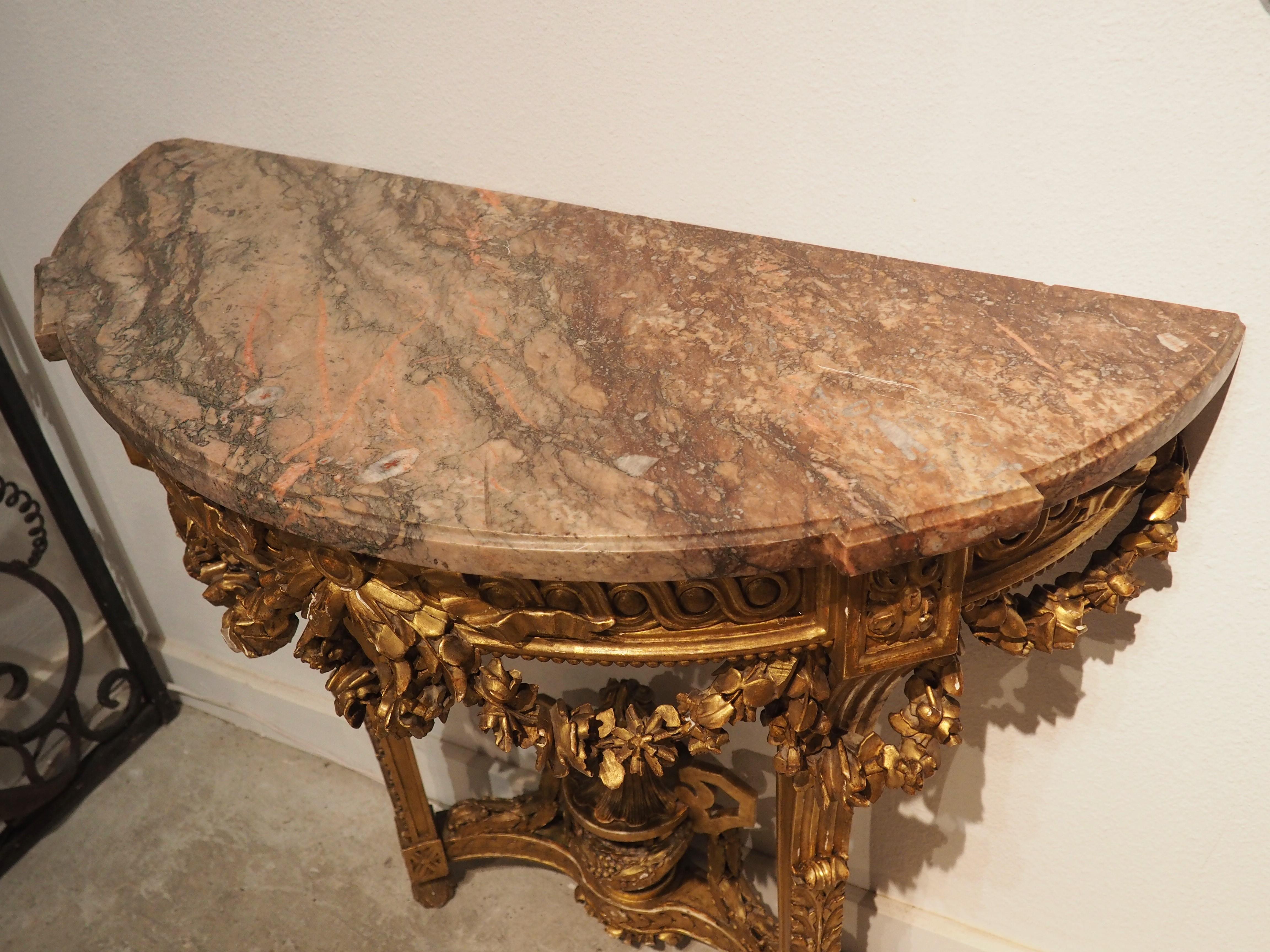 Antique Louis XVI Style Giltwood Console with Gray Rose Marble Top, c. 1860 For Sale 11