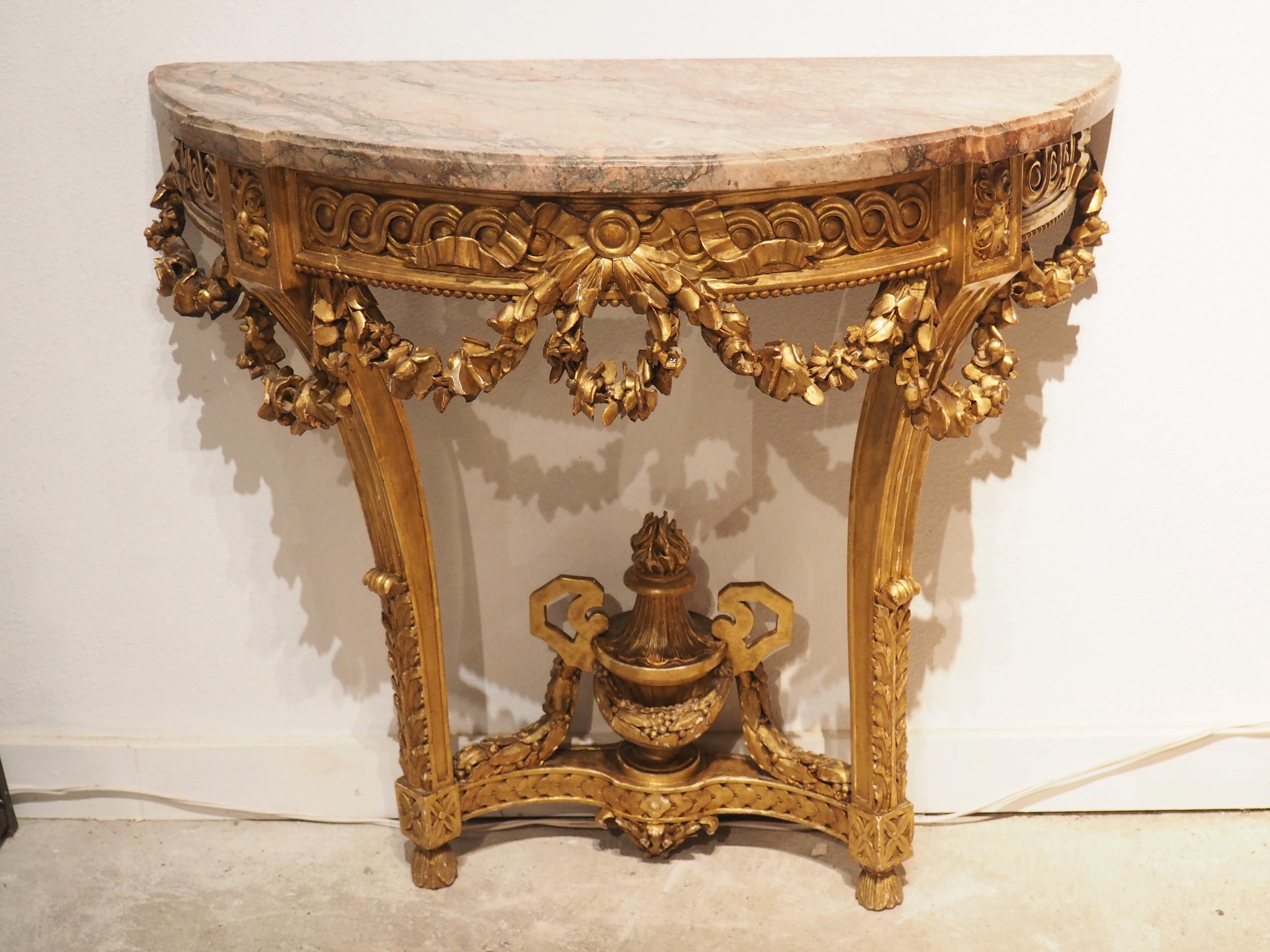 Antike Konsole aus vergoldetem Holz im Louis-XVI.-Stil mit grauer Rosenmarmorplatte, um 1860 im Angebot 11