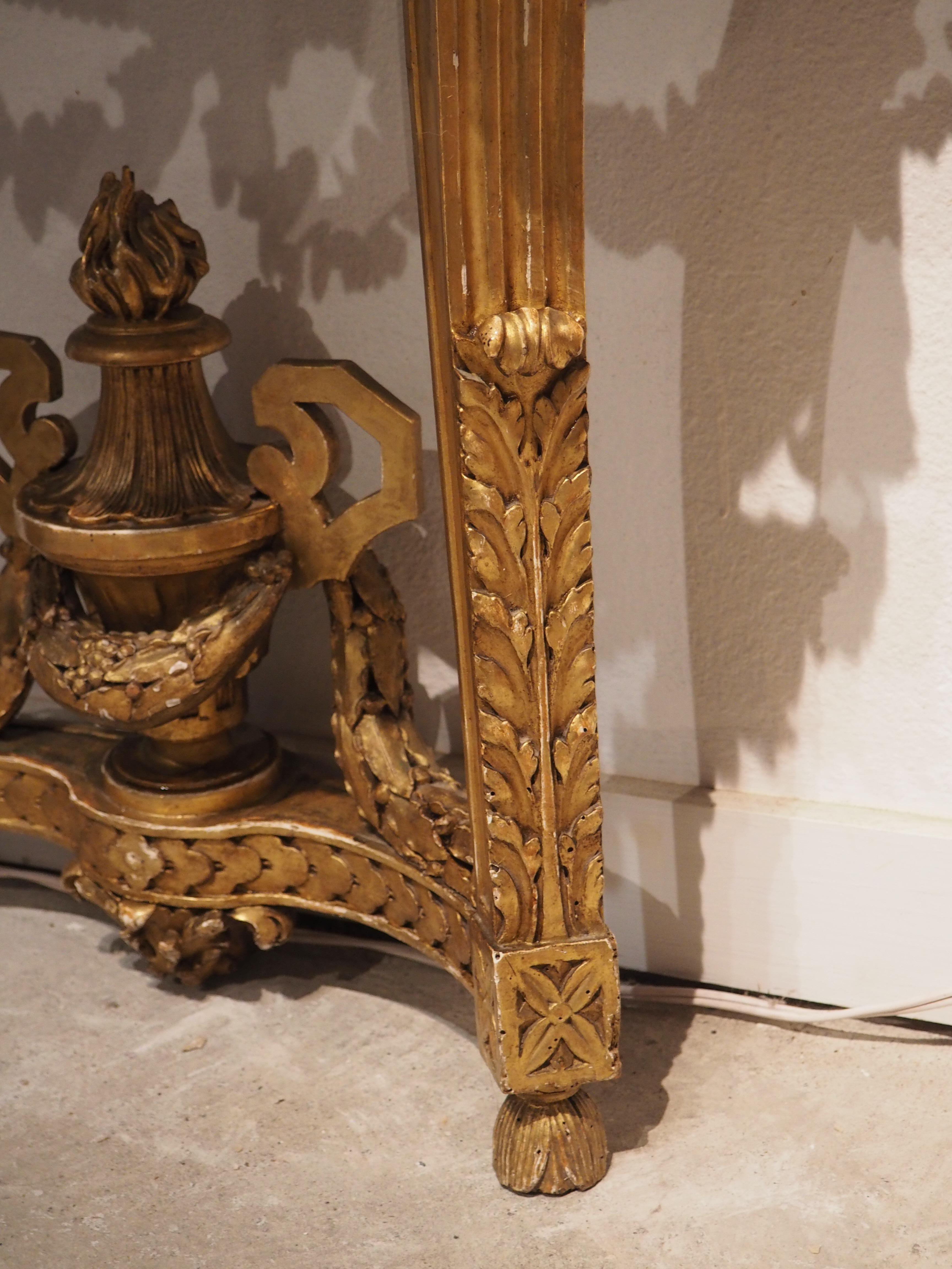 Chamfered Antique Louis XVI Style Giltwood Console with Gray Rose Marble Top, c. 1860 For Sale